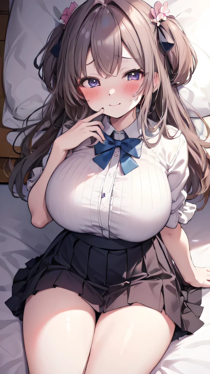 Very detailed、(8k, RAW Photos, highest quality, masterpiece:1.2), (Very detailed 8k wallpaper),shape、Professional Lighting,Sharp focus, Written boundary depth、
Browsing Caution、Clear Eyes、Perfect Anatomy、pretty girl、Cute girl、(Big Breasts:1.1)、、、、、(blush:1.5)、、(Pleated skirt:1.2)、、(Close up on face)、(Plump thighs:1.3)、bed