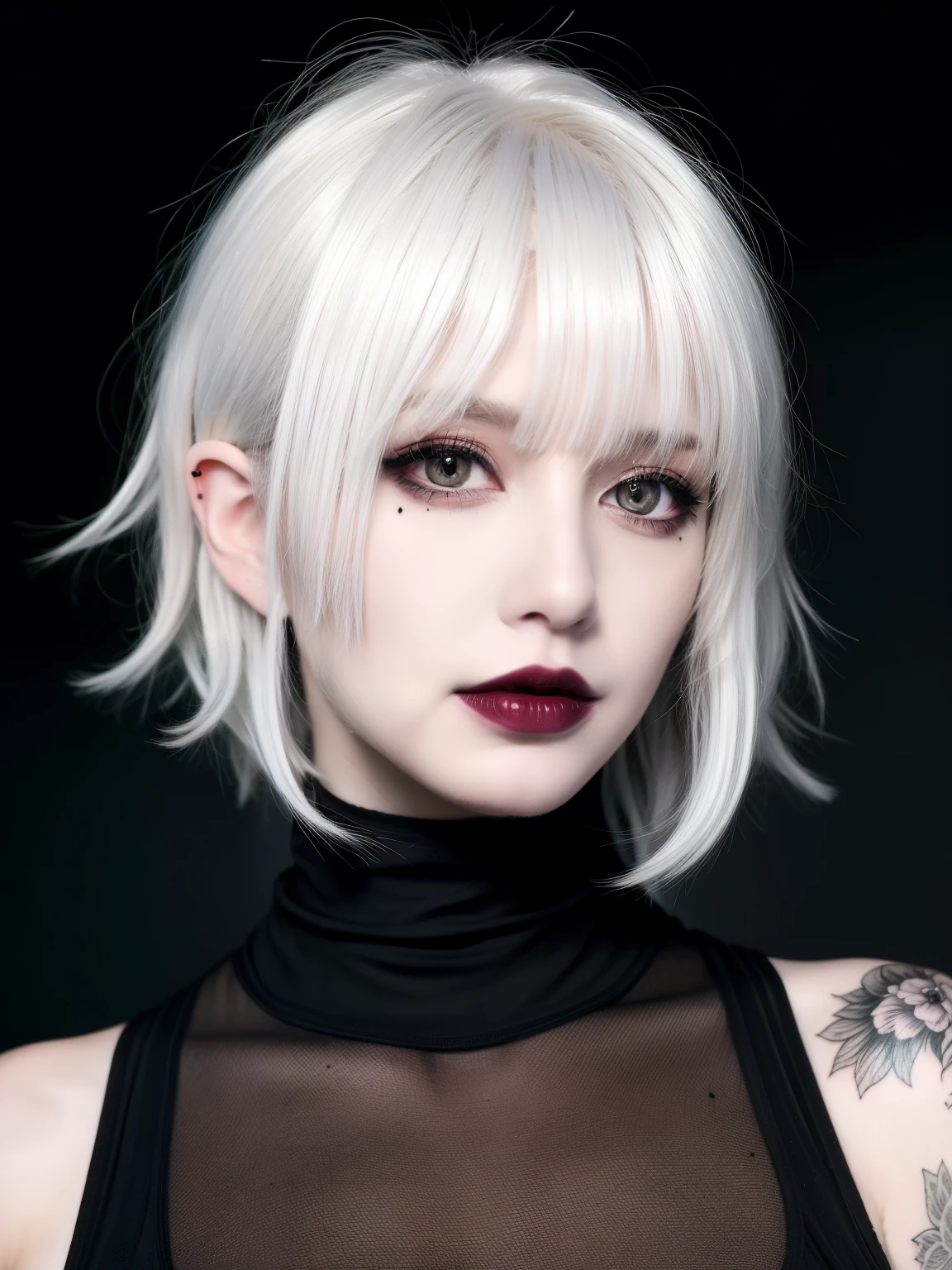 Best quality, masterpiece, super high resolution, (realism: 1.4), tattoos, white curly hair, short hair, pale skin, bedhead, goth, happy, wispy bangs, black textured turtleneck, black lipstick, white hair