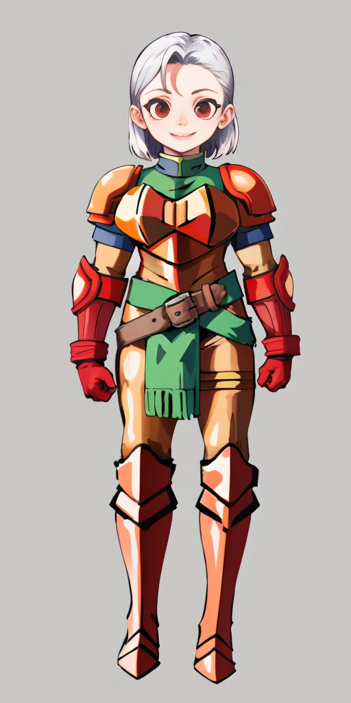 (masterpiece, best quality, 4k, 1girlsolo, 1MILF, mmplatz, smile, red cheeks, plain background:1.2) perfect face, perfect lighting, mature whsororitas with gloves red gauntlets in her hands like Cammy White from Street Fighter, bob white hair, warhammer 40k power armor suit with loincloth, red eyes like rubies, full body RED armor, view from below, looking to the viewer, arms to the sides empty hands, RED military boots, silver skull ornament attached to crossing 2 belt wide hips, 2 long legs