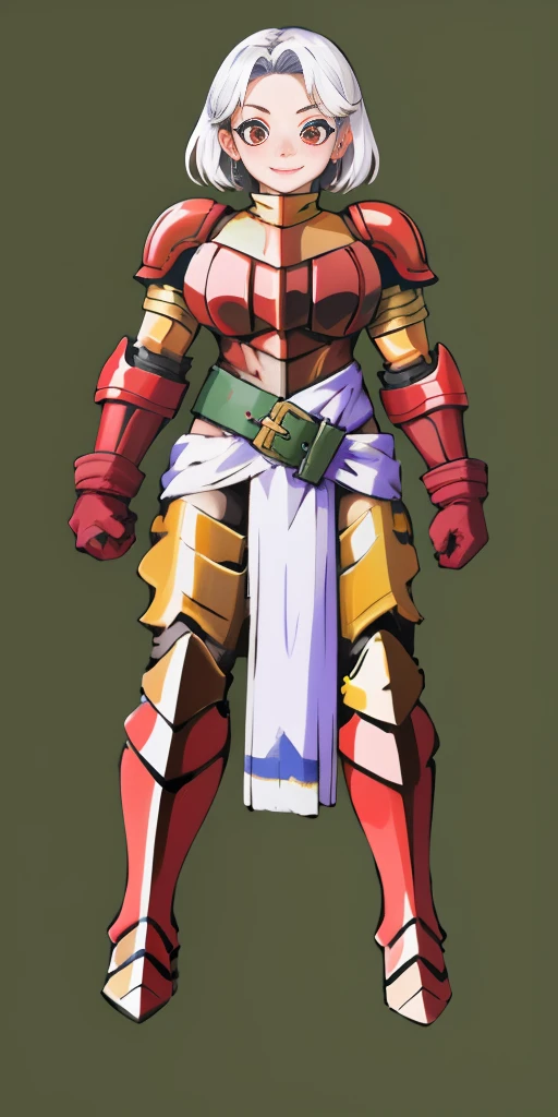 (masterpiece, best quality, 4k, 1girlsolo, 1MILF, mmplatz, smile, red cheeks, plain background:1.2) perfect face, perfect lighting, mature whsororitas with gloves red gauntlets in her hands like Cammy White from Street Fighter, bob white hair, warhammer 40k power armor suit with loincloth, red eyes like rubies, full body RED armor, view from below, looking to the viewer, arms to the sides empty hands, RED military boots, silver skull ornament attached to crossing 2 belt wide hips, 2 long legs