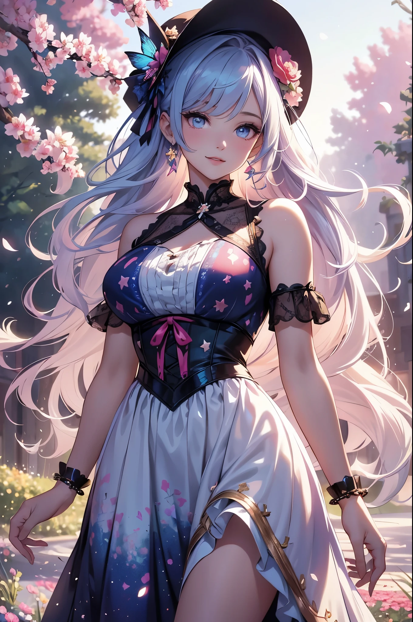 (best quality,4k,8k,highres,masterpiece:1.2),ultra-detailed,(realistic,photorealistic,photo-realistic:1.37),acrylic painting,beautiful American model in a ta dress with downy hair,beautiful American model with extremely colorful hair and detailed facial features,beautiful American model standing in a beautiful garden surrounded by a starry sky,beautiful American model wearing a vibrant Loliress,beautiful American model with intricate accessories and a matching hat,beautiful American model posing gracefully with her hands on her hips,beautiful American model with long flowing twintails,beautiful American model with bright blue eyes and rosy lips,beautiful American model with a joyful expression,beautiful American model in a dynamic pose with cherry blossoms falling around her,beautiful American model surrounded by colorful flowers and butterflies,beautiful American model's dress adorned with cute bows and lace details,beautiful American model with an enchanting smile,beautiful American model with soft, pastel-colored shading,beautiful American model with a magical glow illuminating her,beautiful American model in a picturesque setting with a winding path leading to a magnificent castle,beautiful American model holding a microphone and singing passionately,beautiful American model with a fairytale-like background,beautiful American model with a soft, dreamy atmosphere,beautiful American model with a subtle bokeh effect,beautiful American model standing under a moonlit sky,beautiful American model with a warm, golden sunset in the background,beautiful American model surrounded by twinkling stars and colorful nebulae,creating an ethereal and captivating artistic masterpiece.