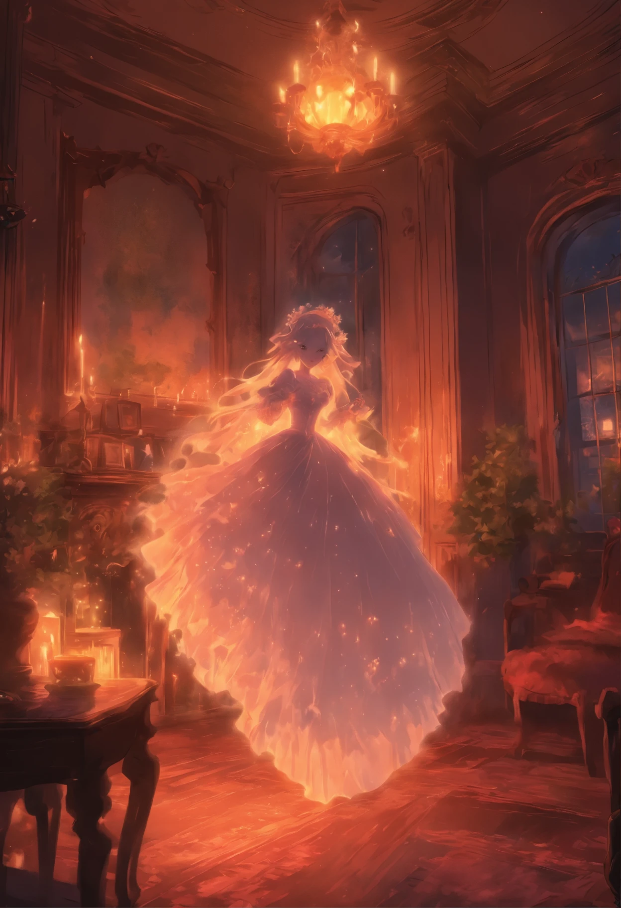 a transparent ghost of a woman waltzing in a rundown Victorian living room at night.