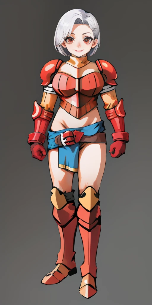 (masterpiece, best quality, 4k, 1girlsolo, 1MILF, mmplatz, smile, red cheeks, plain background:1.2) perfect face, perfect lighting, mature whsororitas with gloves red gauntlets in her hands like Cammy White from Street Fighter, bob white hair, warhammer 40k power armor suit with loincloth, red eyes like rubies, full body RED armor, view from below, looking to the viewer, arms to the sides empty hands, RED military boots, silver skull ornament attached to crossing 2 belt wide hips, 2 long legs