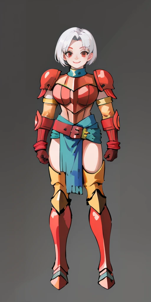 (masterpiece, best quality, 4k, 1girlsolo, 1MILF, mmplatz, smile, red cheeks, plain background:1.2) perfect face, perfect lighting, mature whsororitas with gloves red gauntlets in her hands like Cammy White from Street Fighter, bob white hair, warhammer 40k power armor suit with loincloth, red eyes like rubies, full body RED armor, view from below, looking to the viewer, arms to the sides empty hands, RED military boots, silver skull ornament attached to crossing 2 belt wide hips, 2 long legs