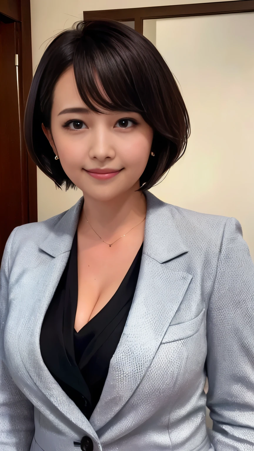 1 Female,Photorealistic,Highest quality,Ultra high definition,8K,Cool Beauty,Beauty,Perfect Style,In a suit,Cleavage,Japanese,Upper body close-up,smile,looking at the camera,Very Short Bob