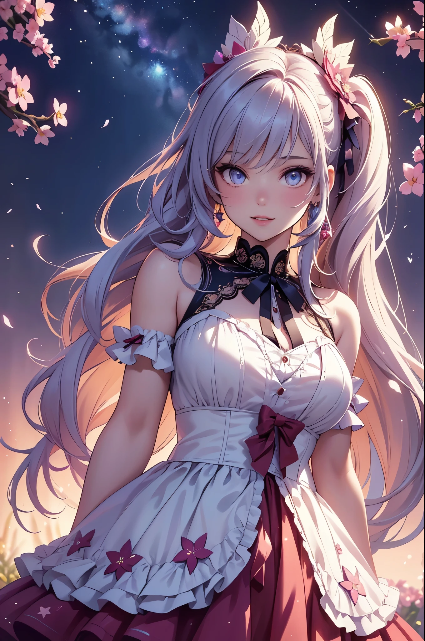 (best quality,4k,8k,highres,masterpiece:1.2),ultra-detailed,(realistic,photorealistic,photo-realistic:1.37),acrylic painting,beautiful American model in a ta dress with downy hair,beautiful American model with extremely colorful hair and detailed facial features,beautiful American model standing in a beautiful garden surrounded by a starry sky,beautiful American model wearing a vibrant Loliress,beautiful American model with intricate accessories and a matching hat,beautiful American model posing gracefully with her hands on her hips,beautiful American model with long flowing twintails,beautiful American model with bright blue eyes and rosy lips,beautiful American model with a joyful expression,beautiful American model in a dynamic pose with cherry blossoms falling around her,beautiful American model surrounded by colorful flowers and butterflies,beautiful American model's dress adorned with cute bows and lace details,beautiful American model with an enchanting smile,beautiful American model with soft, pastel-colored shading,beautiful American model with a magical glow illuminating her,beautiful American model in a picturesque setting with a winding path leading to a magnificent castle,beautiful American model holding a microphone and singing passionately,beautiful American model with a fairytale-like background,beautiful American model with a soft, dreamy atmosphere,beautiful American model with a subtle bokeh effect,beautiful American model standing under a moonlit sky,beautiful American model with a warm, golden sunset in the background,beautiful American model surrounded by twinkling stars and colorful nebulae,creating an ethereal and captivating artistic masterpiece.