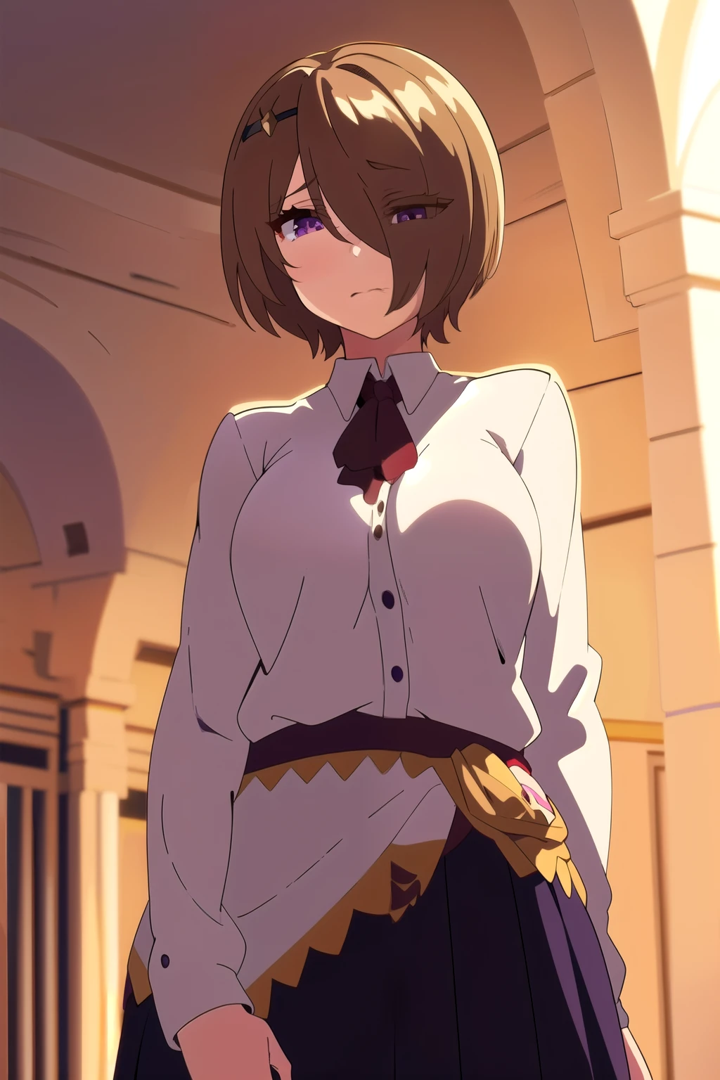 masterpiece,best quality,1girl,breasts,short hair,brown hair,light brown hair,purple eyes,hair over one eye,1girl,purple eyes,hair over one eye,bangs disheveled strand hair, headdress, bangs, skirt