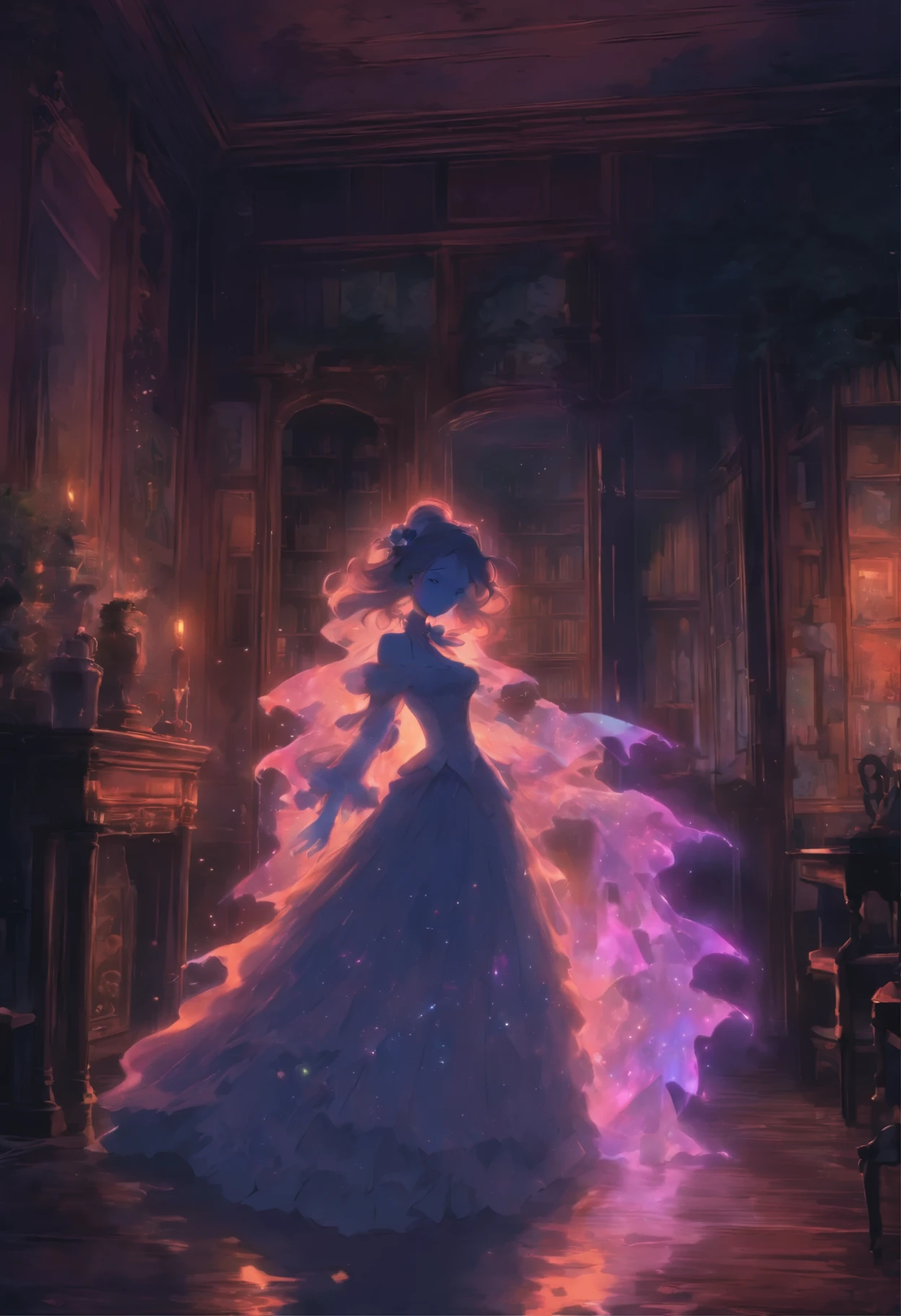 a transparent ghost of a woman waltzing in a rundown Victorian living room at night.