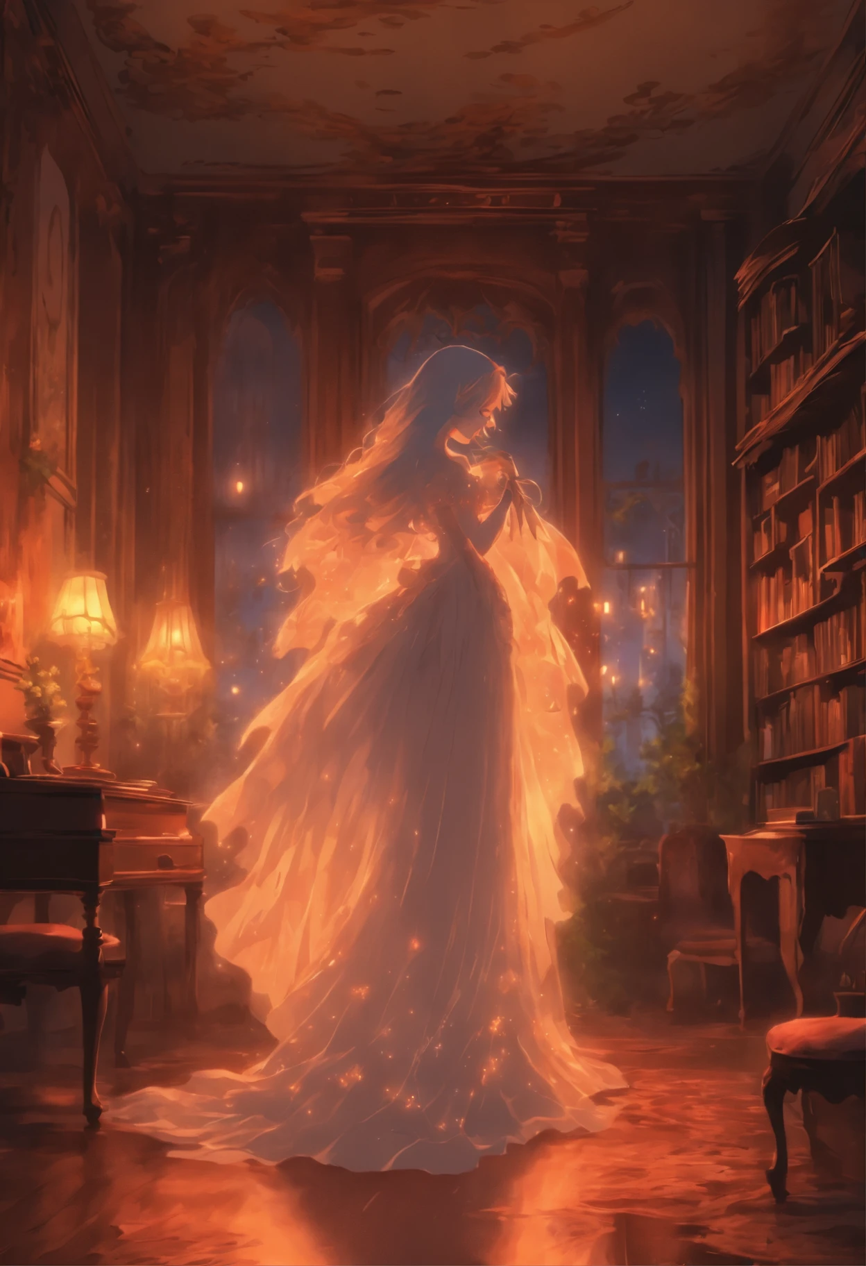a transparent ghost of a woman waltzing in a rundown Victorian living room at night.