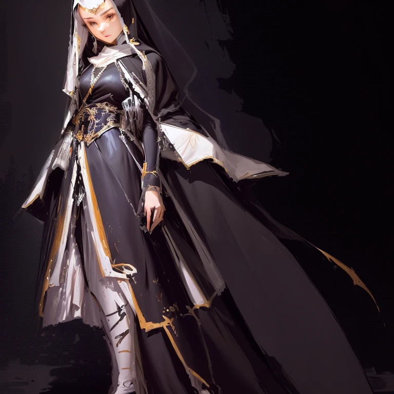 Painting of a woman in a long dress and veil, wearing a flowing cloak, Full body concept, Line art, Women Clergy, character design sketch, pretty Women Clergy, Dressed like a priest, New costume concept design, Loose-fitting robes, Concept Character, Character Concept, シンプルなLine art, Monk concept art, 太字のLine art