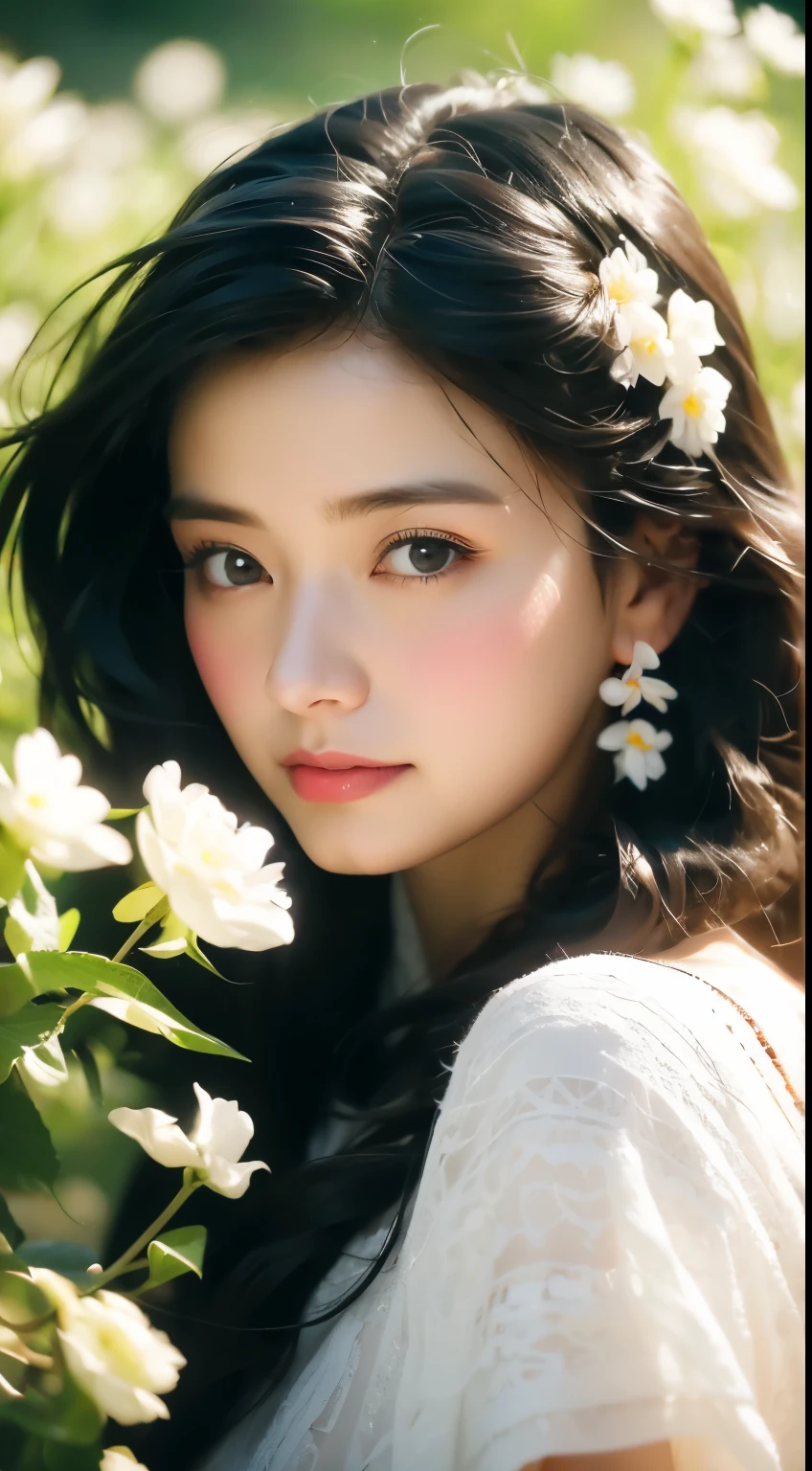 (8k, original photo, best quality, masterpiece:1.2), (actual, photo-actual:1.37),1 girl, Full body image, Black Hair, Flowing hair, Hazy Beauty, Extremely beautiful facial features, White embroidered dress, Hairpins on the head, lying among flowers, Hand dragging chin, Perfect hands, White flowers, (spring, Rainy Day, Terraced Fields, Mountains), Simple vector art, Chinese Contemporary Art, Soft Light, Tangled scarf, Overlooking