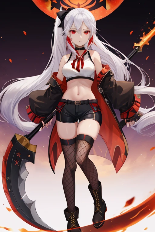 Female, Tall toned body,  body, small perky pears shaped breasts, adaptive god eater from god eater 3, twin armlets, long hair, high ponytail, white hair, red eyes, black choker, black crop top, black bicycle shorts, fishnet thigh highs, brown ankle boots, red ribbon, black trench coat, black scythe with purple accents