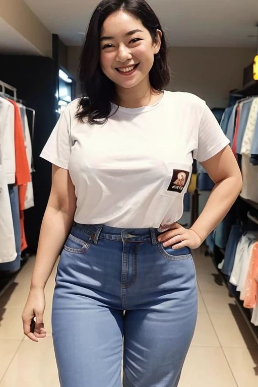 1 woman, age 20, highest quality, Masterpiece, big breasts ,Seductive smile with dimples,, , เสื้อยืดคอวีสีwhite,(Jeans 1.5),,white,,Beautiful and toned body, Walking in the suburbs, Night background with light rain, In a shop with Korean style shop lights, Night atmosphere, tar road,