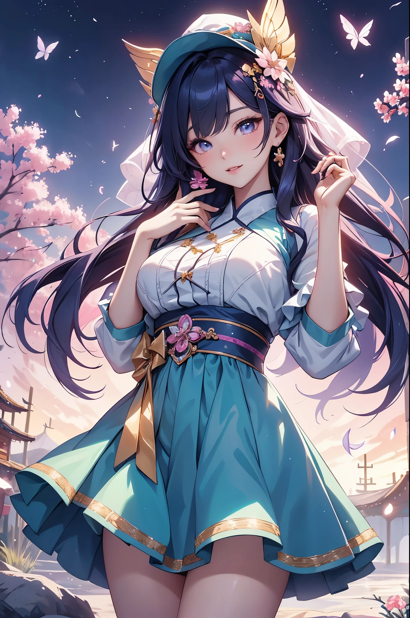(best quality,4k,8k,highres,masterpiece:1.2),ultra-detailed,(realistic,photorealistic,photo-realistic:1.37),acrylic painting,beautiful Korean model in a ta dress with downy hair,beautiful Korean model with extremely colorful hair and detailed facial features,beautiful Korean model standing in a beautiful garden surrounded by a starry sky,beautiful Korean model wearing a vibrant Loliress,beautiful Korean model with intricate accessories and a matching hat,beautiful Korean model posing gracefully with her hands on her hips,beautiful Korean model with long flowing twintails,beautiful Korean model with bright blue eyes and rosy lips,beautiful Korean model with a joyful expression,beautiful Korean model in a dynamic pose with cherry blossoms falling around her,beautiful Korean model surrounded by colorful flowers and butterflies,beautiful Korean model's dress adorned with cute bows and lace details,beautiful Korean model with an enchanting smile,beautiful Korean model with soft, pastel-colored shading,beautiful Korean model with a magical glow illuminating her,beautiful Korean model in a picturesque setting with a winding path leading to a magnificent castle,beautiful Korean model holding a microphone and singing passionately,beautiful Korean model with a fairytale-like background,beautiful Korean model with a soft, dreamy atmosphere,beautiful Korean model with a subtle bokeh effect,beautiful Korean model standing under a moonlit sky,beautiful Korean model with a warm, golden sunset in the background,beautiful Korean model surrounded by twinkling stars and colorful nebulae,creating an ethereal and captivating artistic masterpiece.