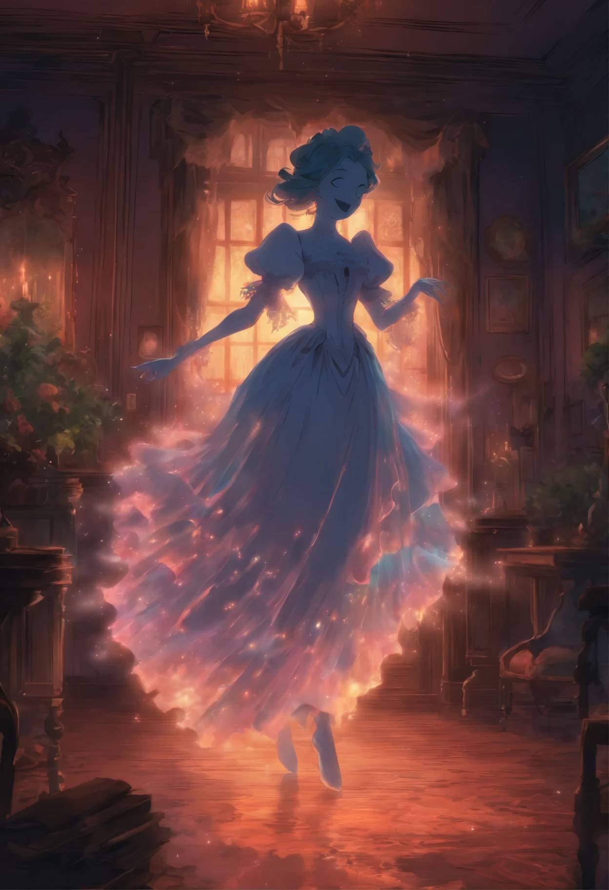 a transparent ghost of a woman waltzing in a rundown Victorian living room at night.