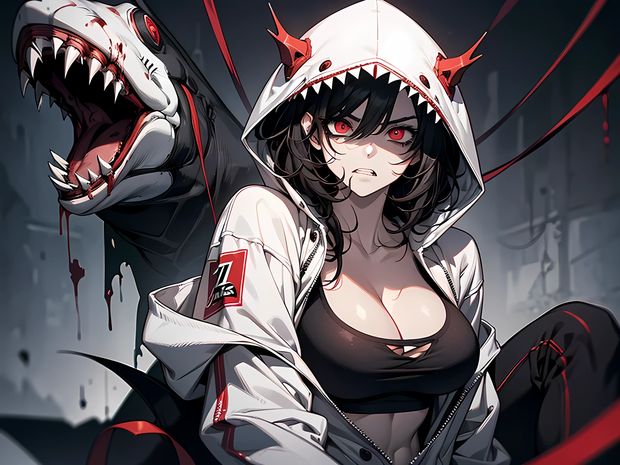 Solo. Creepy, terrifying muscular girl with messy curly black hair, big , thick thighs, a sharp jawline, crazy red eyes, metal wires joining his seperated upper jaw and lower jaw, Jeff the killer's mouth, muscular forearms, sharp shark-like teeth for teeth, pale white skin, red eyes on her body, wearing a fit white hoodie and black tracksuits, eating a lung, in a black background. Cannibalistic. Floating red eyeballs. Horror. Her name is Cannaria, . Blood, detailed eyes, extremely detailed eyes, detailed face, cleavage,