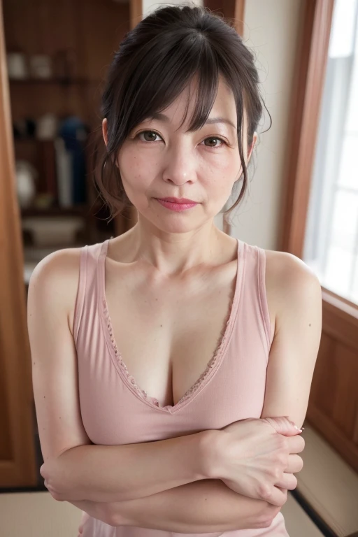 ((Japanese Mature)), ((55 years old:1.4)), ((old woman:1.3)), (((Small breasts))),  Beautiful breasts, Detailed eyes and face, Long eyelashes, Beautiful Lips, Red lipstick, Feel the warmth and elegance, There are fine wrinkles, Mystical Eyes, Expressive eyes, Beautiful Skin, A slim body, Beautiful body, A look that seeks a man, Condescending attitude, Tearful tank top, leggings, Beautiful hair ornaments, Pale pink cheeks, Soft Light, Western-style room, High quality photos, Vibrant colors, Bokeh effect, Delicate depiction, ((whole body)), Spread your arms, short hair, Low Ponytail, sexy, 