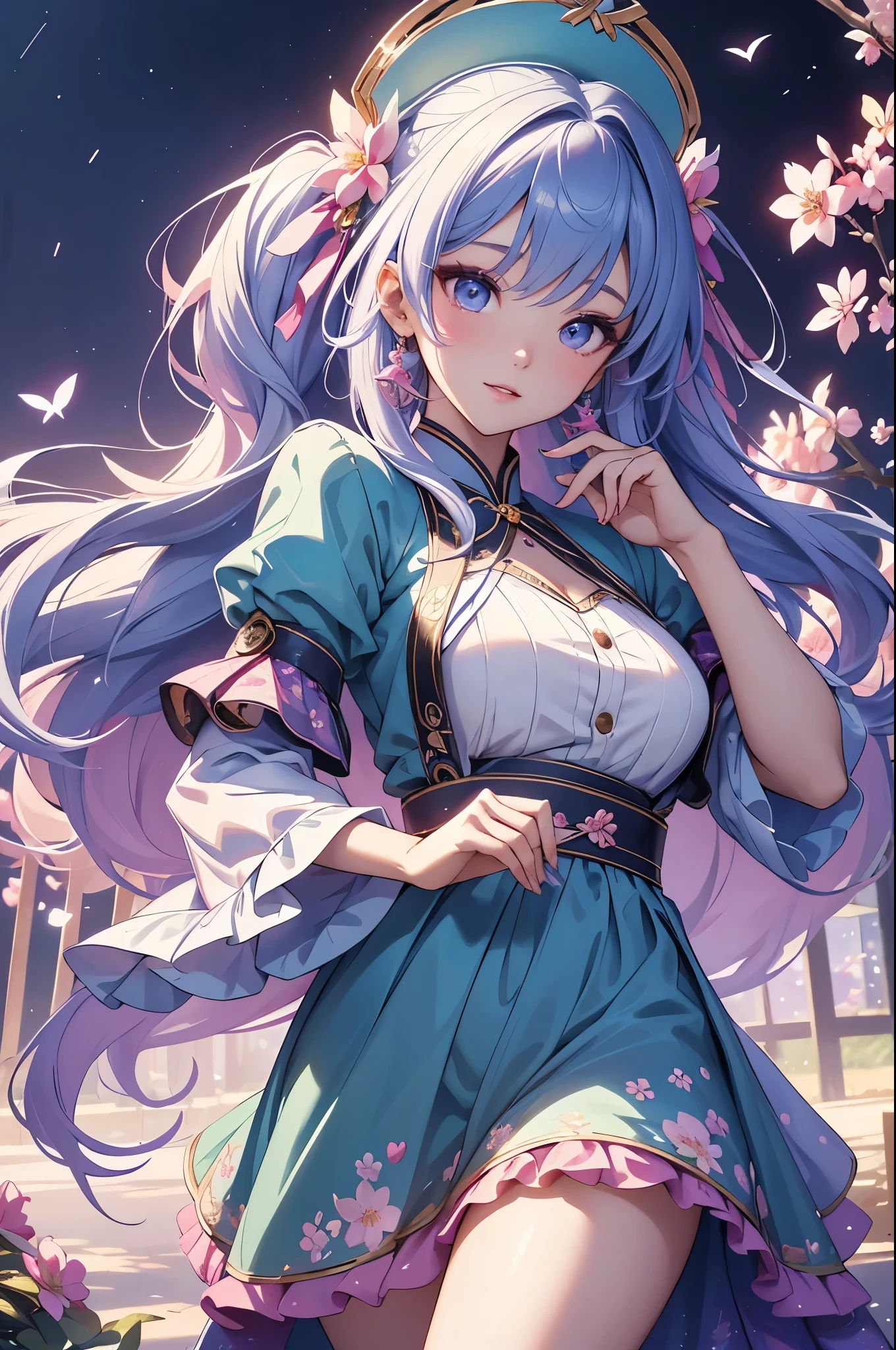 (best quality,4k,8k,highres,masterpiece:1.2),ultra-detailed,(realistic,photorealistic,photo-realistic:1.37),acrylic painting,beautiful Korean model in a Lolita dress with downy hair,beautiful Korean model with extremely colorful hair and detailed facial features,beautiful Korean model standing in a beautiful garden surrounded by a starry sky,beautiful Korean model wearing a vibrant Lolita dress,beautiful Korean model with intricate accessories and a matching hat,beautiful Korean model posing gracefully with her hands on her hips,beautiful Korean model with long flowing twintails,beautiful Korean model with bright blue eyes and rosy lips,beautiful Korean model with a joyful expression,beautiful Korean model in a dynamic pose with cherry blossoms falling around her,beautiful Korean model surrounded by colorful flowers and butterflies,beautiful Korean model's dress adorned with cute bows and lace details,beautiful Korean model with an enchanting smile,beautiful Korean model with soft, pastel-colored shading,beautiful Korean model with a magical glow illuminating her,beautiful Korean model in a picturesque setting with a winding path leading to a magnificent castle,beautiful Korean model holding a microphone and singing passionately,beautiful Korean model with a fairytale-like background,beautiful Korean model with a soft, dreamy atmosphere,beautiful Korean model with a subtle bokeh effect,beautiful Korean model standing under a moonlit sky,beautiful Korean model with a warm, golden sunset in the background,beautiful Korean model surrounded by twinkling stars and colorful nebulae,creating an ethereal and captivating artistic masterpiece. 