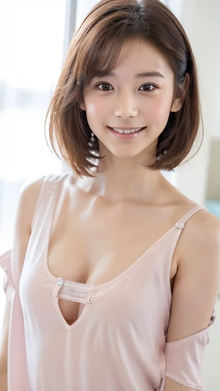 highest quality, Realistic, 8k, High resolution,  Realistic, detailed, Skin Texture, 超detailed, Delicate and sexy collarbone, ((Idol Smile)), 非常にdetailedな顔, detailedなlips, Fine grain, 20歳のwoman、Delicate eyebrows、ボールのBokeh背景、colorful、(((Standing full body photo)))、Stylish bedroom with morning sunlight streaming in、smile、Angle from below, one girl, woman, (Exposed breasts: 1.9, Cleavage exposure: 1.6), Nice, (Whole body 1.5, small: 1.8)), (((Oversized sleeveless shirt with a loose chest:1.3、Off the shoulder))),Pale pink nipples,((Transparent shirt:1.2)), View your viewers,  Realistic, (Bokeh), (Floating Hair , Blonde Hair、lips,), Small breasts, Fascinating eye reflection