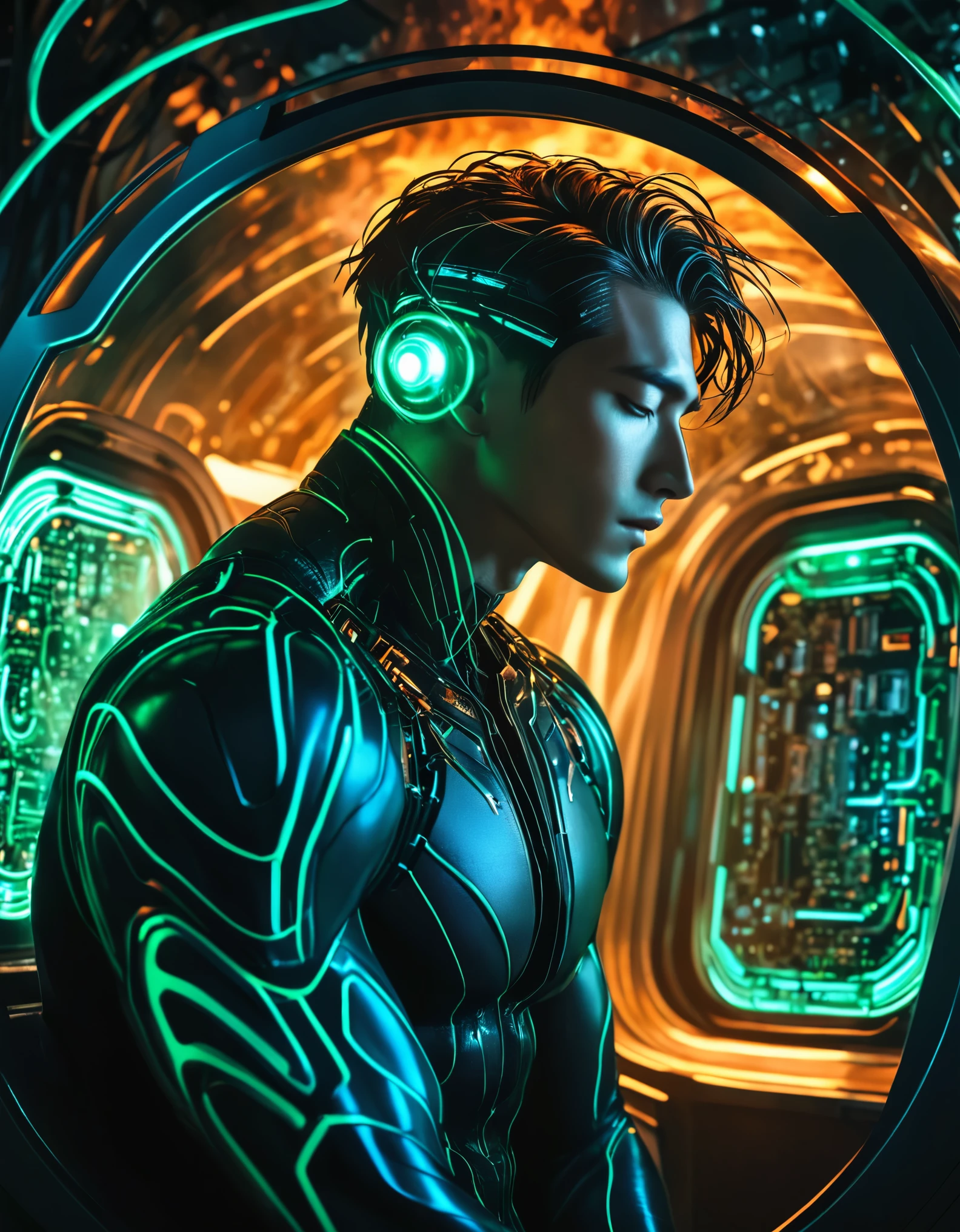 high fashion photography, blue lit background, green gel lighting, low key lighting, korean male model with short hair in a sci-fi sleeping pod, toned shoulders and arm muscles, side view, there are black high tech wires in his hair, metal circuit boards above his head, he is surrounded by fire, rich details, cinematic textures, epic, surrealism, film grain, fuji colors, panorama, 8k, UHD