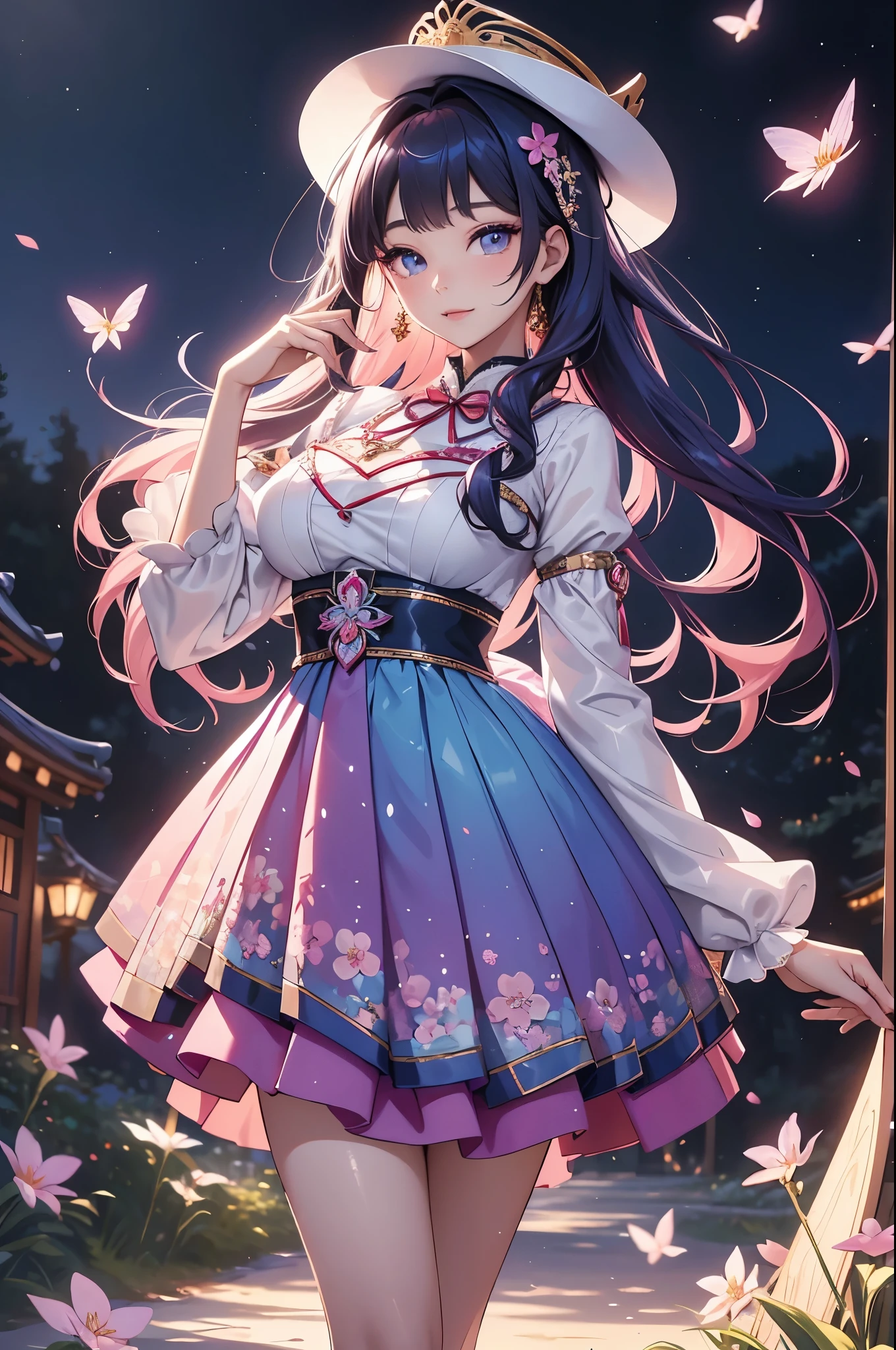 (best quality,4k,8k,highres,masterpiece:1.2),ultra-detailed,(realistic,photorealistic,photo-realistic:1.37),acrylic painting,beautiful Korean model in a Lolita dress with downy hair,beautiful Korean model with extremely colorful hair and detailed facial features,beautiful Korean model standing in a beautiful garden surrounded by a starry sky,beautiful Korean model wearing a vibrant Lolita dress,beautiful Korean model with intricate accessories and a matching hat,beautiful Korean model posing gracefully with her hands on her hips,beautiful Korean model with long flowing twintails,beautiful Korean model with bright blue eyes and rosy lips,beautiful Korean model with a joyful expression,beautiful Korean model in a dynamic pose with cherry blossoms falling around her,beautiful Korean model surrounded by colorful flowers and butterflies,beautiful Korean model's dress adorned with cute bows and lace details,beautiful Korean model with an enchanting smile,beautiful Korean model with soft, pastel-colored shading,beautiful Korean model with a magical glow illuminating her,beautiful Korean model in a picturesque setting with a winding path leading to a magnificent castle,beautiful Korean model holding a microphone and singing passionately,beautiful Korean model with a fairytale-like background,beautiful Korean model with a soft, dreamy atmosphere,beautiful Korean model with a subtle bokeh effect,beautiful Korean model standing under a moonlit sky,beautiful Korean model with a warm, golden sunset in the background,beautiful Korean model surrounded by twinkling stars and colorful nebulae,creating an ethereal and captivating artistic masterpiece.