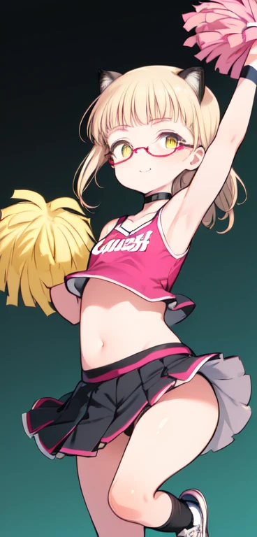 (8K, Best Quality, Ultra Detailliert, Highres, Absurdres, Perfect Anatomy:1.5, Masterpiece:1.5), (Strong Outline), (((1 Cute Girl))), (((perrine h. clostermann))), (((Yellow Eyes))), (((Black Glasses:1.5))), (((Long Long Hair:1.5, Bangs, Blust Bangs, Blonde Hair))), (((Black Cat Ears))), Black Cat Tail, (Slender Body, Dwarf:0.7), (((Small Breasts))), ((Big Hips:1.1)), (Smile:0.9), ((Blush:0.9)), (Grin:0.9), (Heart), ((Pink CheerLeader:1.3)), (Micro Skirt, Mini Skirt), (Show Panties, Cameltoe), ((Pom Poms:1.3)), (WristBand), (Sports Socks, Sneaker), Choker, (Dancing Pose), Jamping, Jamping Pose, Arm Up:1.1, Leg Up:1.3, (((Posed Photo:1.2))), (((Wide-Angle Photo:1.2))), from Below:0.4, Dutch Angle, (Simple BackGround, Simple Colour BackGround, Warm Colour BackGround), best hands, good hands