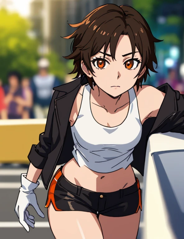 1girl, solo, masterpiece, very detailed, Reiko Nagase, black leather jacket, orange tank-top, midriff, gloves, black short-shorts, street race, bokeh effect, rich color saturation, looking at viewer,eye contact