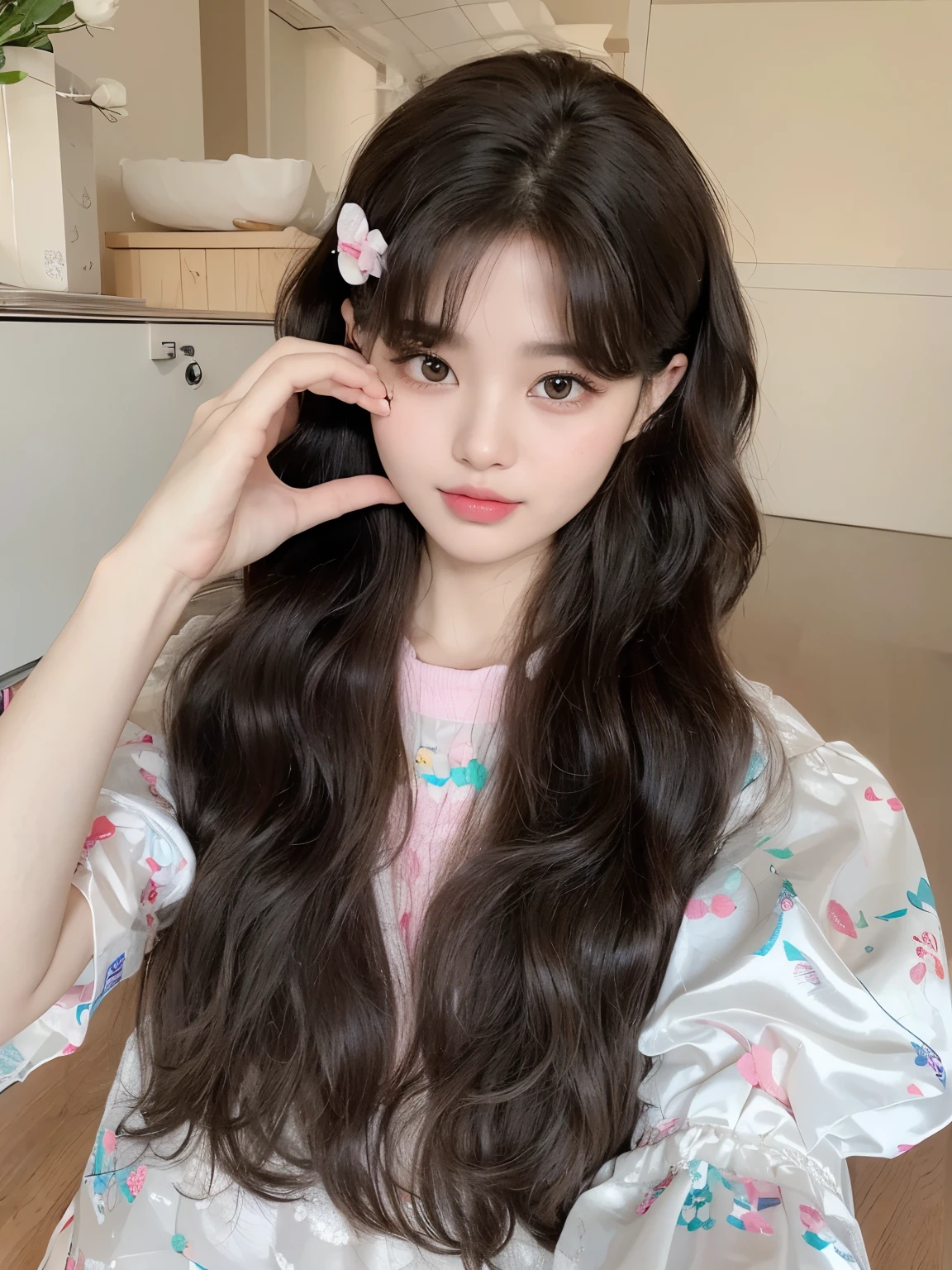 masterpiece, best quality, Girl with black curly hair,Black hair,Long curly hair,Very curly hair,Sweet and beautiful girl,Delicate facial detail texture,The face shape is smooth, smooth and natural,Very detailed faces,4 k,1girl,