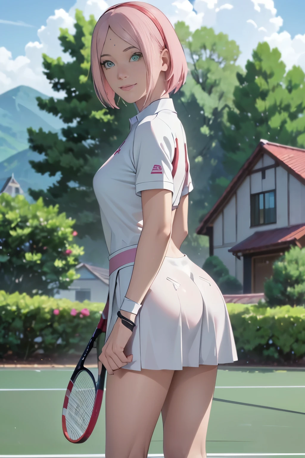in 8K,top-quality,Real Image,intricate detailes, A high resolution,Depth Field,master piece,natural soft light,profetional lighting,1 girl,((image from the rear)), (cute little:1.2),an extremely beautiful 23-year-old girl,A detailed eye,((pink-eyed)),(pink hair),(short-haired),(bangss),flawless skin,shinny skin,fair white skin,Fine skin,((perfect anatomia,nice hand,perfect hand,Five fingers connected to the palm of the hand,accurate hands without incongruity)),Perfect raw legs,delicate legs,perfectly proportions,Tennis player,face perfect,large round ass, Convex buttocks,White polo shirt,Short white pleated skirt,White sport socks,White Tennis Shoes,High Ponytail,a wet body,Shake the paddle,Sunnyday,Clouds, Leg and thigh shots, Bottom Angle, bottom shot, Bending over, thigh closeup, Focus on the buttocks,Looking back,((Thin smile)),(outside of house),(tennis coat)