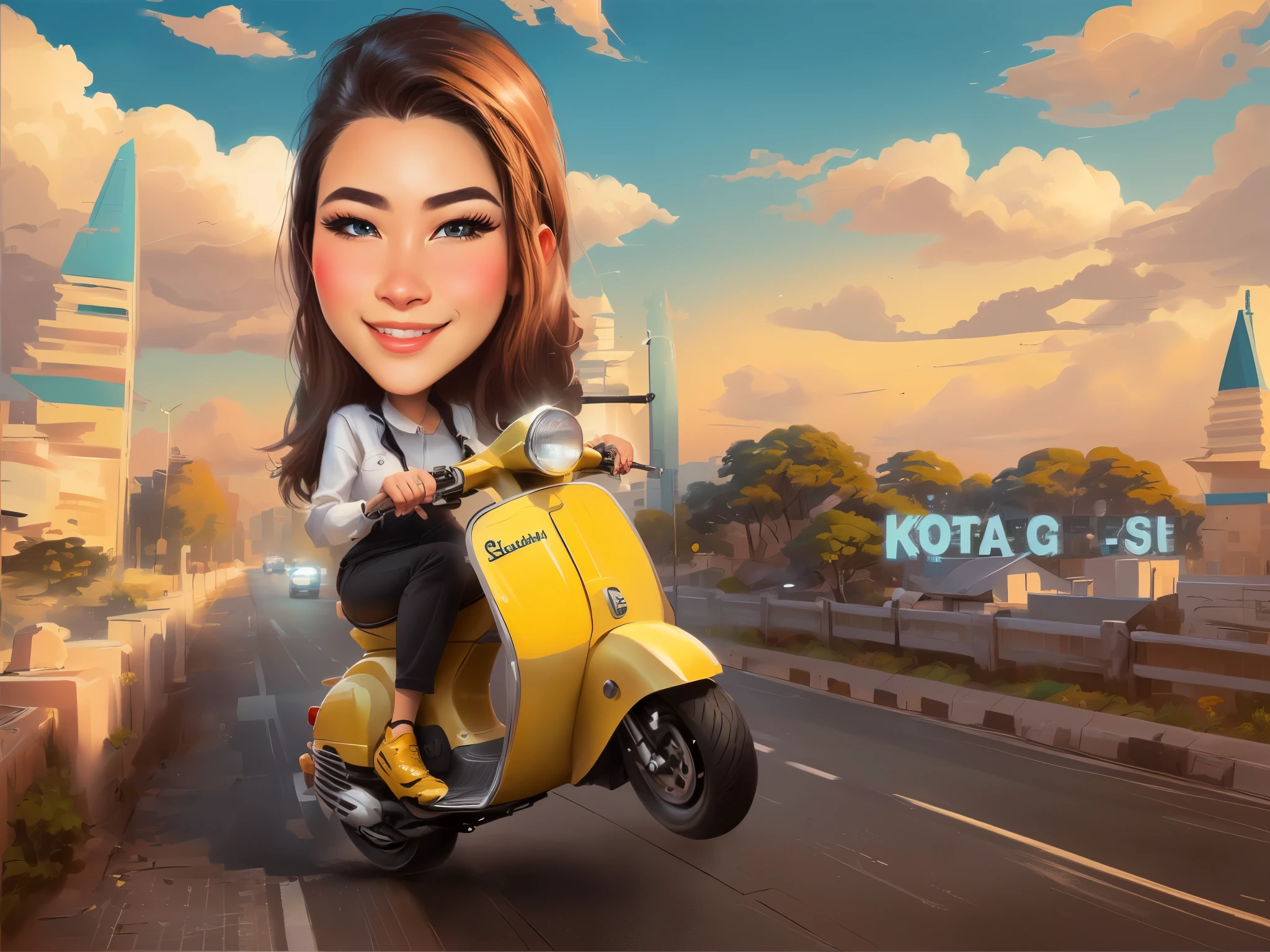 a woman riding a scooter vespa yellow on a road with a sky background, vespa yellow, realism artstyle, cartoon artstyle, in cartoon style, caricature illustration, photorealistic!!!!!!! art style, inspired by Rudy Siswanto, digital art cartoon, cartoon digital painting, cartoon art, caricature style, cartoon digital art, cartoon portrait, inspired by Oka Yasutomo, caricature!!!