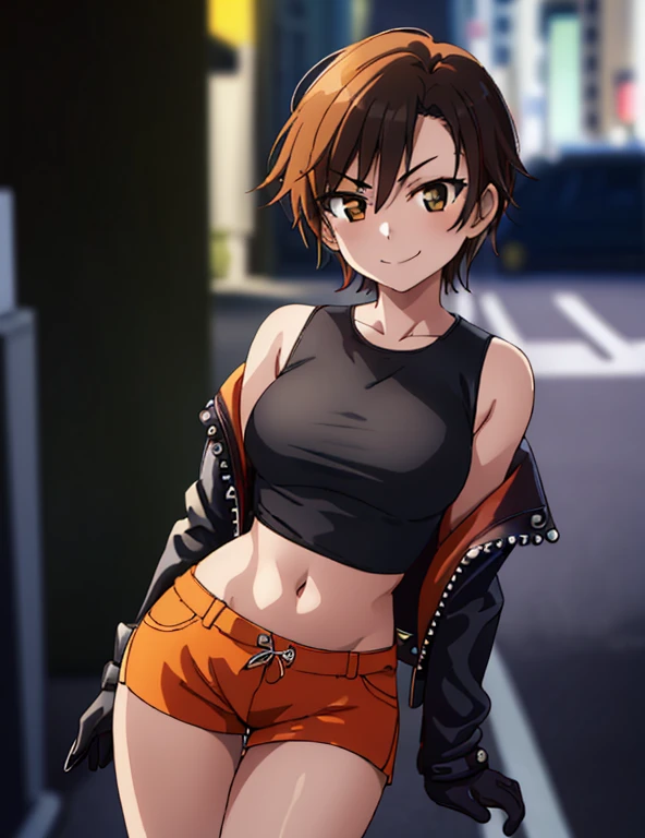 1girl, solo, masterpiece, very detailed, Reiko Nagase, black leather jacket, orange tank-top, midriff, gloves, black short-shorts, street race, bokeh effect, rich color saturation, looking at viewer, eye contact, arrogant smile,