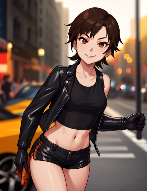 1girl, solo, masterpiece, very detailed, Reiko Nagase, black leather jacket, orange tank-top, midriff, gloves, black short-shorts, street race, bokeh effect, rich color saturation, looking at viewer, eye contact, arrogant smile, dynamic pose