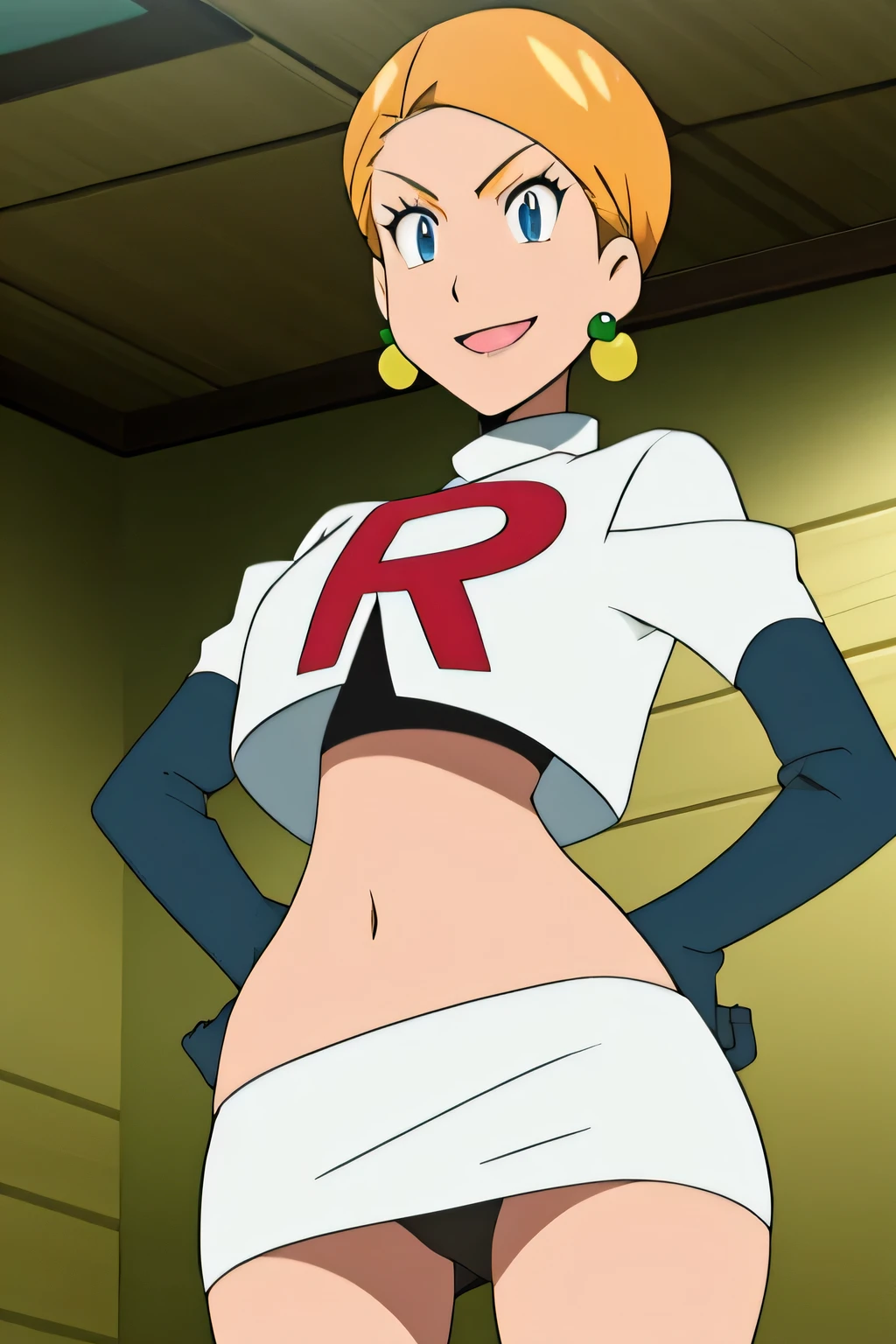 8k, masterpiece,highres, team rocket uniform, red letter r, white skirt,white crop top,black thigh-high boots, black elbow gloves, smiling, looking down at viewer, hands on hips, cowboy shot, zettai ryouiki,from below, black panties,anime style, vivid colors, sharp focus, intense lighting,annette_war ,glossy lips, light makeup, eye shadow, earrings
