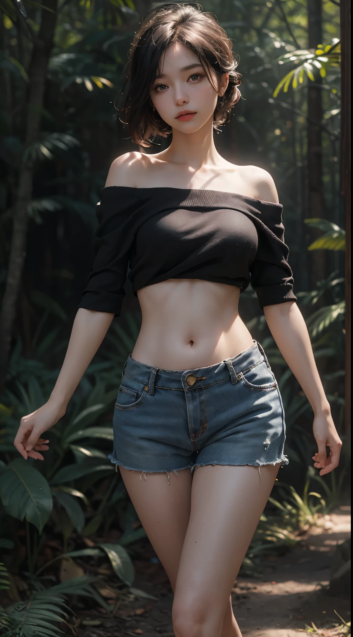Best Quality, Masterpiece, Ultra High Resolution, (Photorealistic: 1.4), Original Photo, 1girl, Off-the-Shoulder, Cinematic Lighting, (Survival in the Wild: 1),The belly button and the surrounding area are exposed,Are thin,Overall slim figure,Thin legs,thin leg thighs,