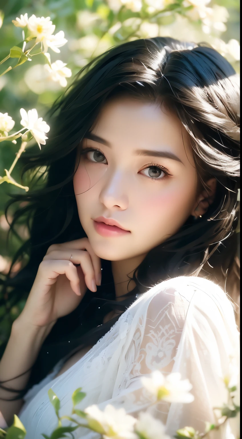 (8k, original photo, best quality, masterpiece:1.2), (actual, photo-actual:1.37),1 girl, Full body image, Black Hair, Flowing hair, Hazy Beauty, Extremely beautiful facial features, White embroidered dress, Hairpins on the head, lying among flowers, Hand dragging chin, Perfect hands, White flowers, (spring, Rainy Day, Terraced Fields, Mountains), Simple vector art, Chinese Contemporary Art, Soft Light, Tangled scarf, Overlooking