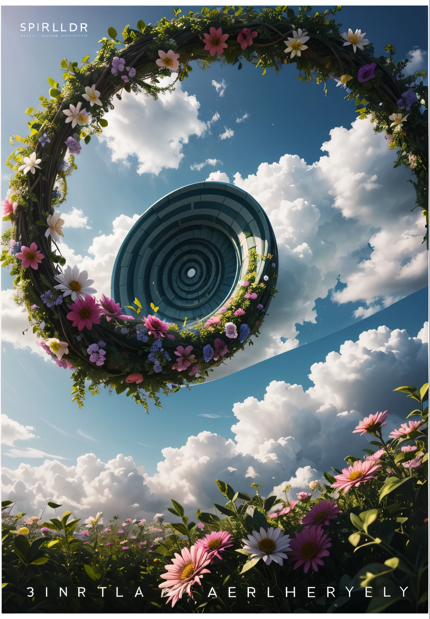 Only The flowers wreath curls in a spiral shape towards the sky, 3D, C4DBlender, CGI, poster album, no people:2, ((spiral)), (realistic texture)