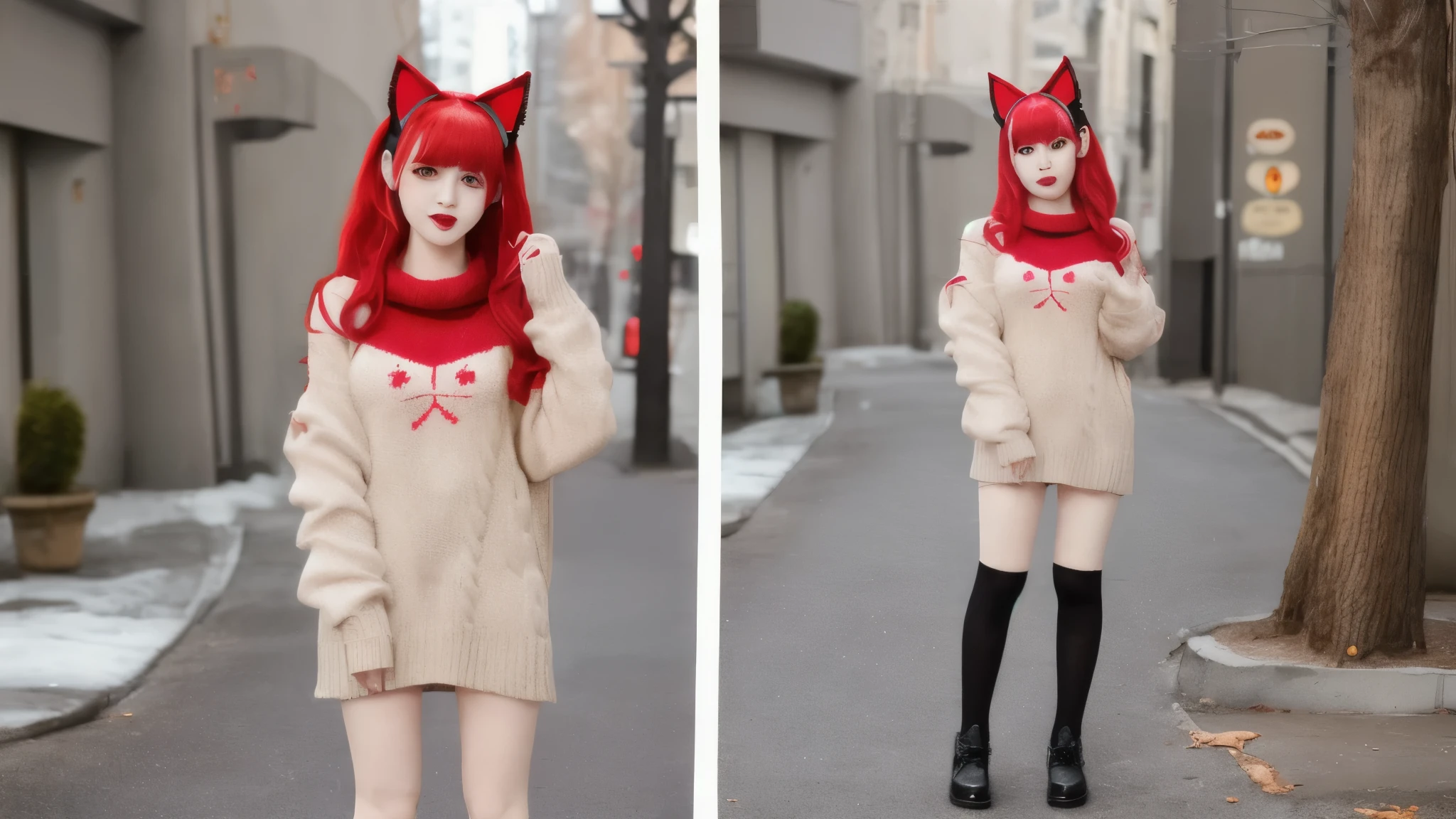 highest quality, Cute girl with cat ears and knitwear, bright red hair, standing full body, 1 person