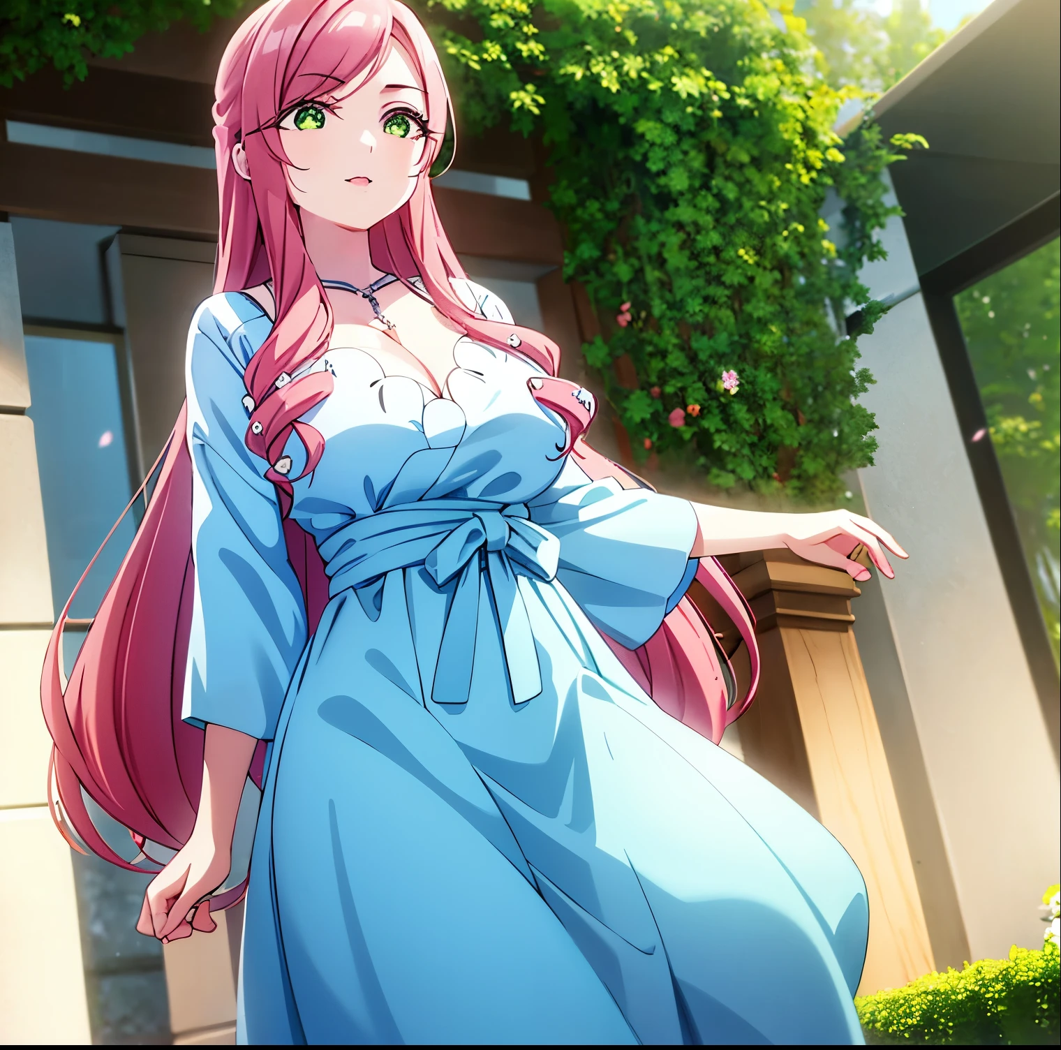 1 girl, alone, hahari hanazono, long hair, bangs, (green eyes: 1.2), pink hair, flower, hair flower, smile, (pink blouse), white floral print, bare waist, tight blue jeans, outdoors, city, walking, from behind looking at viewer, pov(from below), masterpiece: 1.2), best Quality, high resolution, Unity 8k wallpaper, (artwork: 0.8), green eyes (beautiful detailed eyes: 1.6), extremely detailed face, perfect lighting, extremely detailed CG (perfect hands, perfect anatomy), large breasts, medium waist. , wide hips, medium thighs, round butt