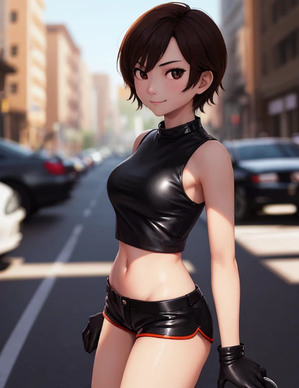 1girl, solo, masterpiece, very detailed, Reiko Nagase, black leather jacket, orange tank-top, midriff, gloves, black short-shorts, street race, bokeh effect, rich color saturation, looking at viewer, eye contact, arrogant smile, dynamic pose