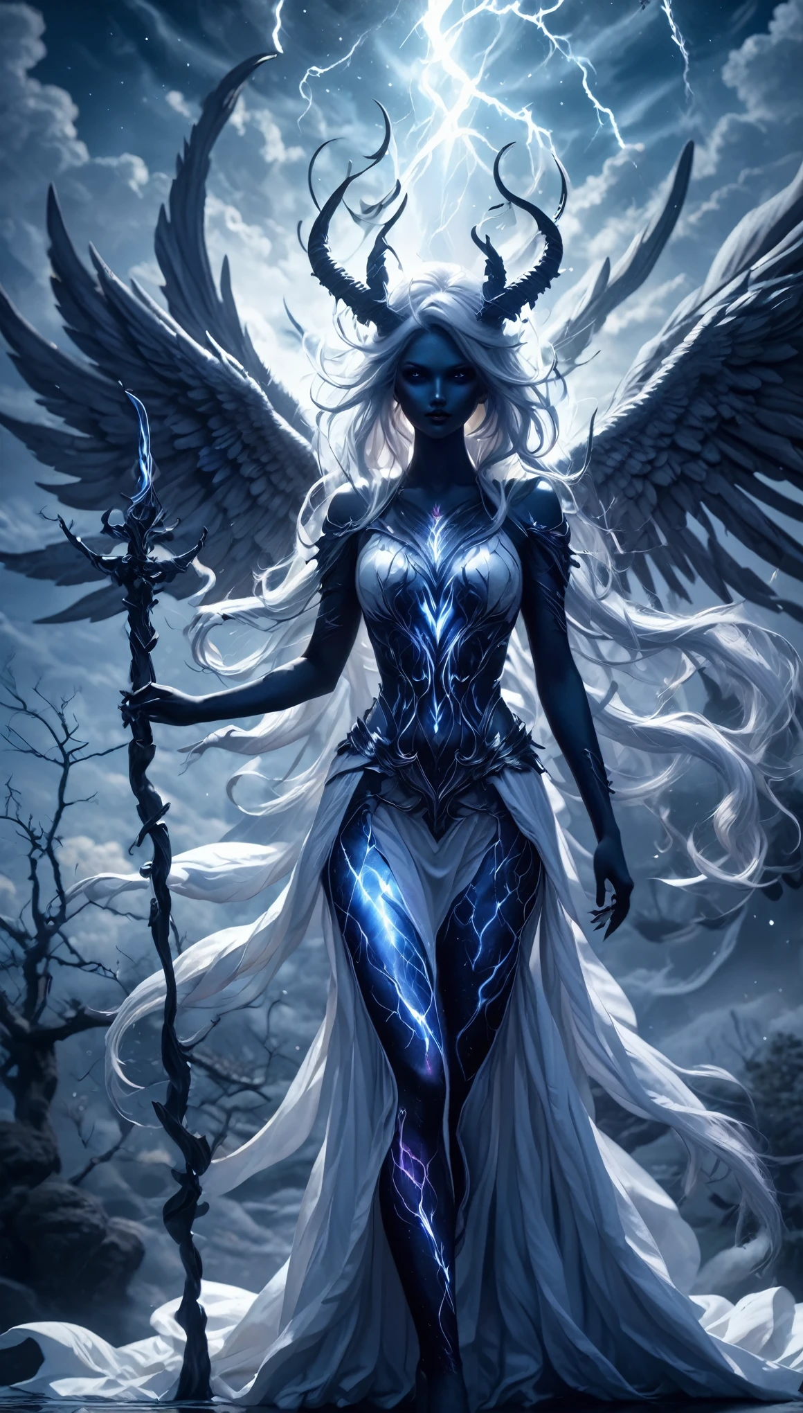 Full body shot, Demoness, busty, ((highest quality)),(ultra high resolution),(Super detailed),(detailed description),((best CG)),(best work of art),super precision art,amazing drawing art,(Fantasy art with intricate detail:1.5), A spear of light that pierces heaven and earth,Lightning emanating from the aurora cuts through the night sky,Angels blowing the trumpets of the end