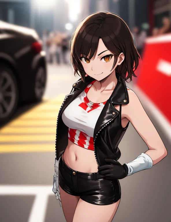 1girl, solo, masterpiece, very detailed, Reiko Nagase, black leather jacket, orange tank-top, midriff, gloves, black short-shorts, street race, bokeh effect, rich color saturation, looking at viewer, eye contact, arrogant smile, dynamic pose