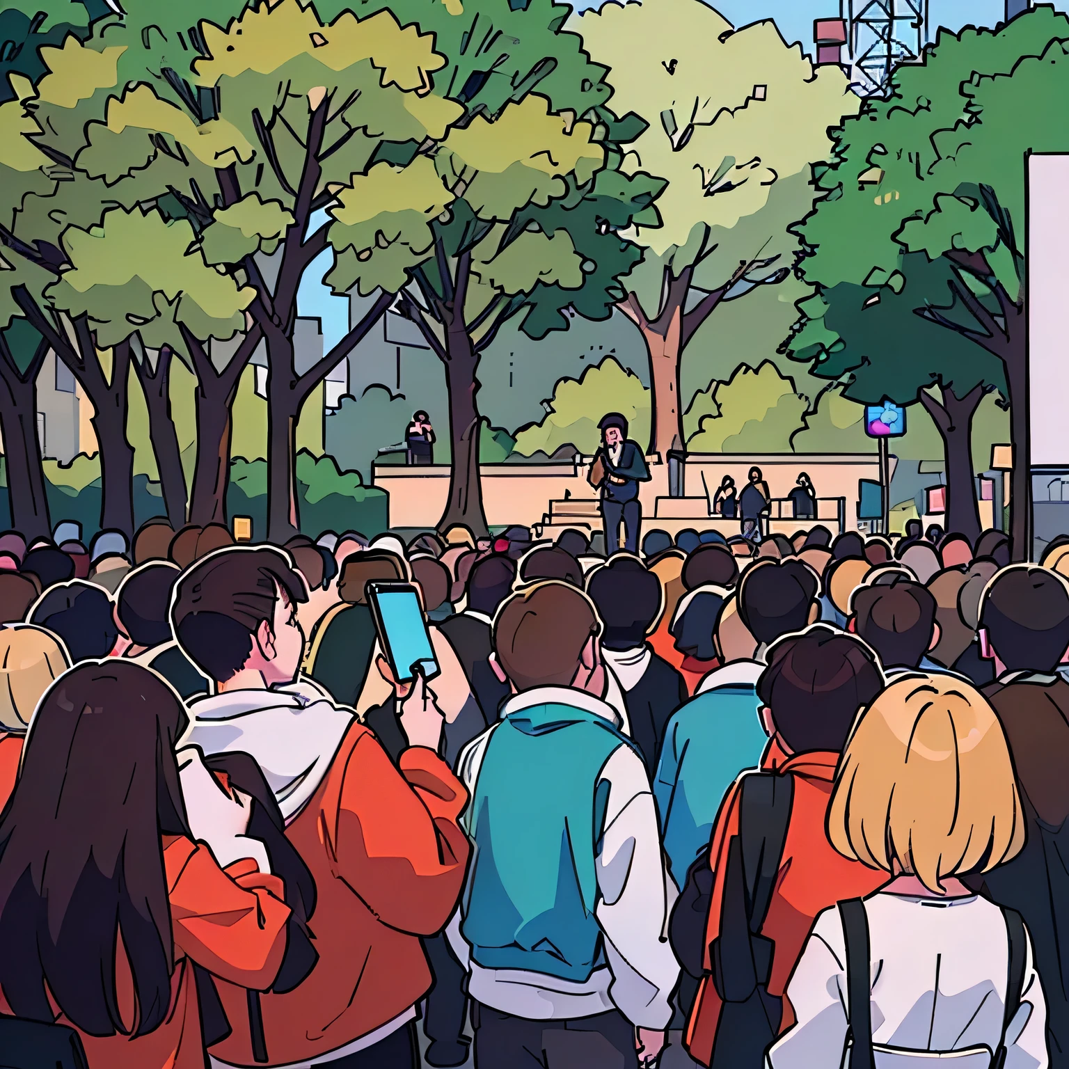 People standing in the crowd，Taking a photo of a man, live, in the park, Crowd cheering,, Broad View, live performance, DIY, concert, People enjoy the performance, 8k 50mm iso 10, 8 hours