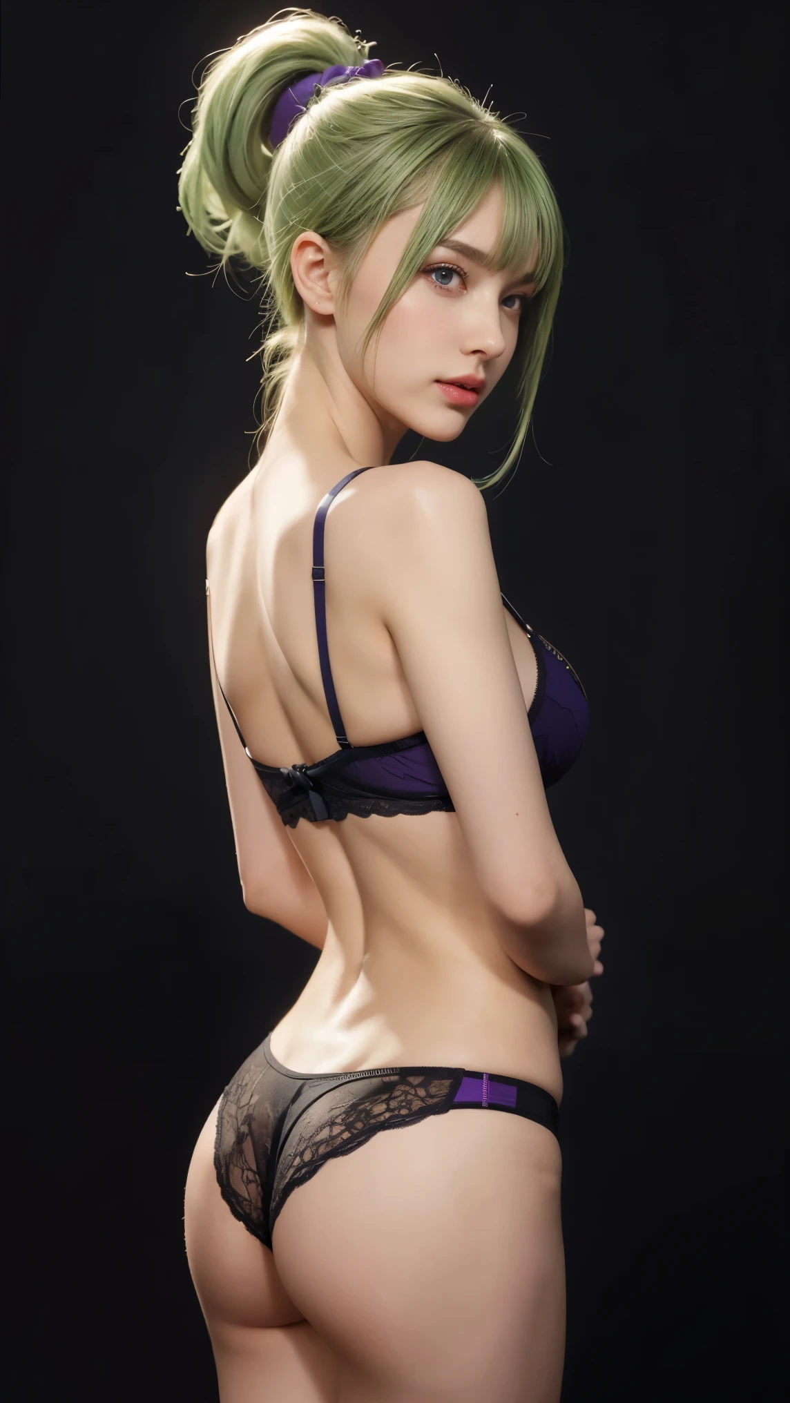 8K, Top Quality, Intricate Details, Ultra Detail, Ultra High Resolution, Masterpiece, close up shot, shot , (Looking back), standing, Slender, Smile, blue  hair, (Makeup: 0.4), (Fluffy purple Eyes: 1.21), , 1girl, solo, 1 girl, (( full body)), close up shot, ((green hair, bangs, long hair, high ponytail)) , ((tall)), (((fit body))), (((slim face))), sharp face,  )),  (detailed face), sharp face,  small lips,  up , ,
 ((bra,panties )),  detailed face, detailed , , large , , detail , Narrow Waist, Skinny, , Muscular, , Pointed , detail ,large  , Beautiful girl , Bust Botox, Big, Perfect Body, detail leg, (( dark background)), black background,
