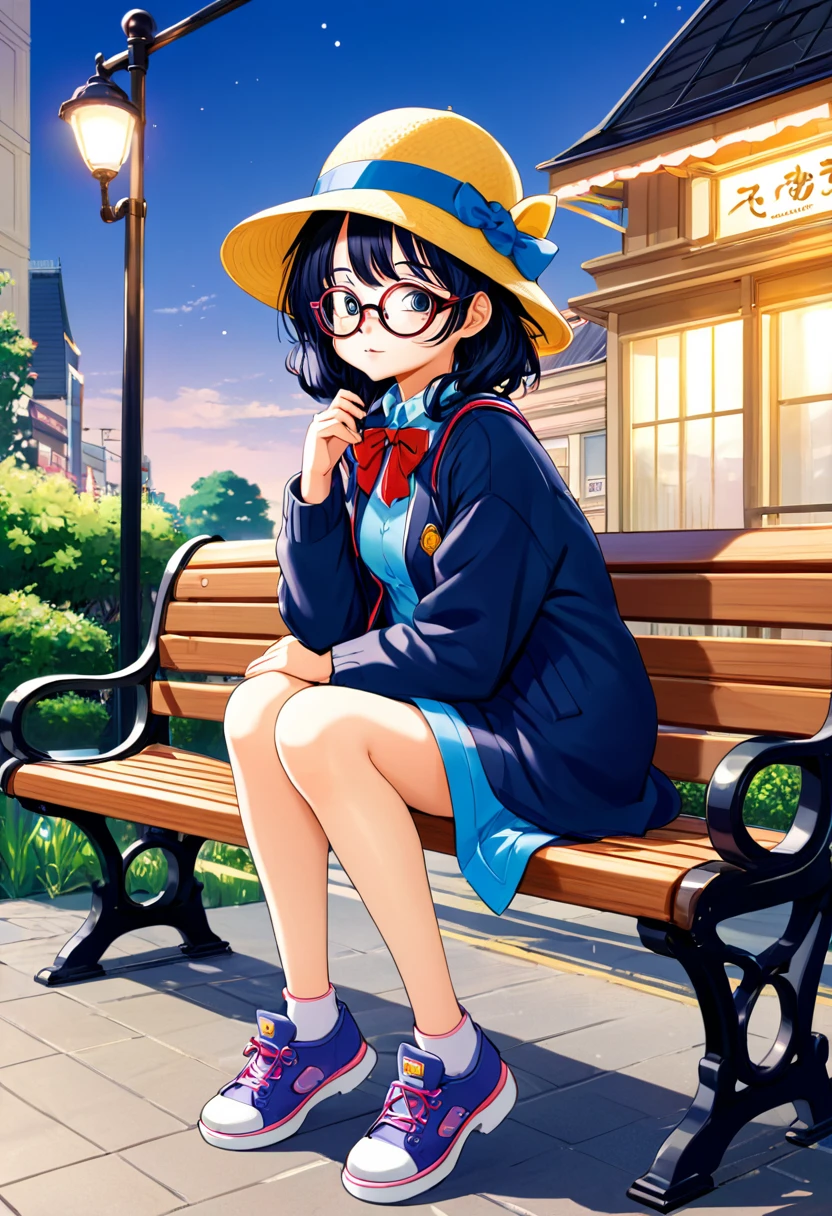 Anime girl with glasses and a hat sitting on a bench, Marin Kitagawa Fanart, Cute girl anime visuals,Arale-chan， As an anime character, Anime Moe Art Style, Magic , safebooru anime images, y 2 k cutecore crowncore, Short full body portrait!, megumu okada