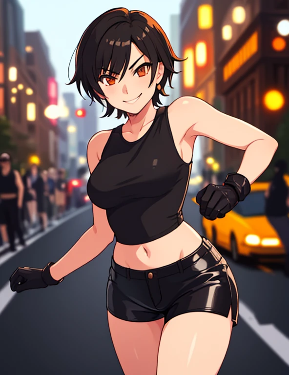 1girl, solo, masterpiece, very detailed, Reiko Nagase, black leather jacket, orange tank-top, midriff, gloves, black short-shorts, street race, bokeh effect, rich color saturation, looking at viewer, eye contact, arrogant smile, dynamic pose