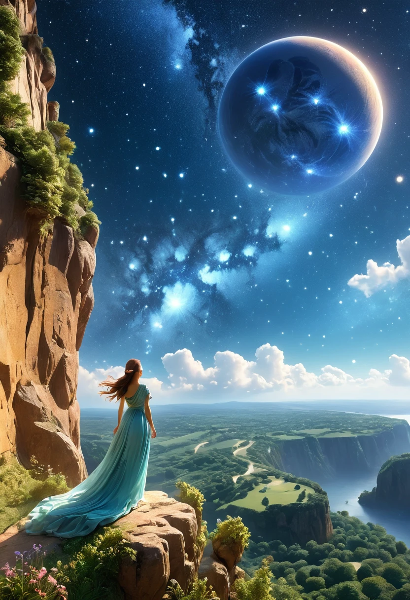 Highest quality,(masterpiece:1.2),Ultra-high resolution,Raw color photography,8K,Vast landscape photography,Realistic photos,Elaborate photos,A woman living on a water planet,,(From the back:1.5),(From below:1.2,Woman standing on a water planet,A vast pond spreads out before your eyes,City of Water,The sky is a vast universe,blue sky),Written boundary depth,Wide Light,Low contrast,Backlight,Sharp focus,Vibrant colors,Dynamic configuration