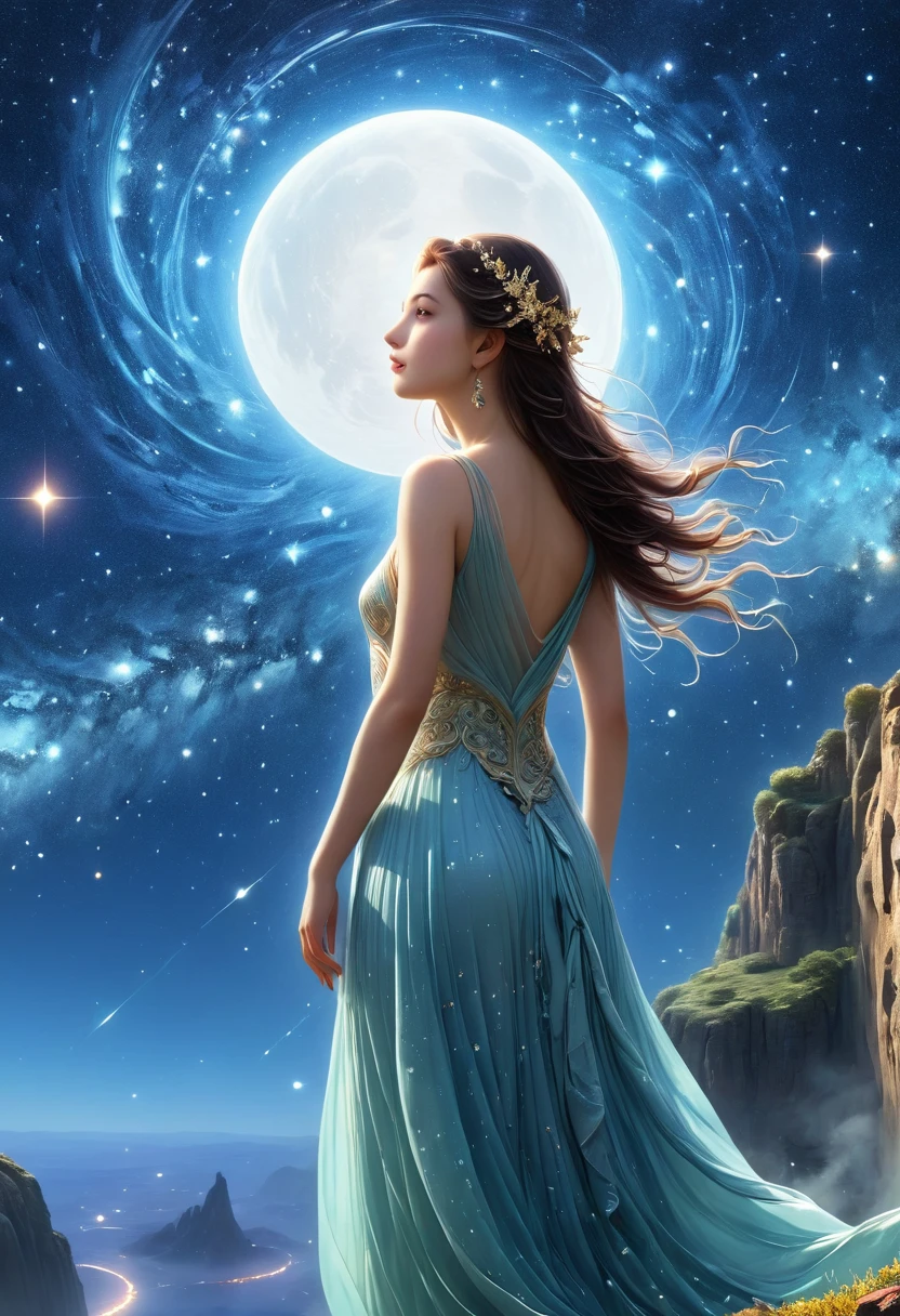 1 girl, (3D Sculpture,A woman in a long dress stands on a cliff and looks up at the starry sky, Goddess of space, Milky Way Goddess, Goddess of Heaven, Astral ethereal, dream, Beautiful Celestial Mage, Beautiful fantasy painting, Beautiful fantasy art, Ethereal fantasy, very Beautiful fantasy art, Digital Art Fantasy, Charming and otherworldly, Fantasy Beauty, Beautiful Art Rendered in Ultra HD 4K by Octane,Volumetric Light,Natural soft lighting), (Ultra-delicate:1.2, lose focus:1.2, colorful, Cinema Lighting, Chiaroscuro,Ray Tracing), masterpiece, Super rich,Ultra Detailed,8k