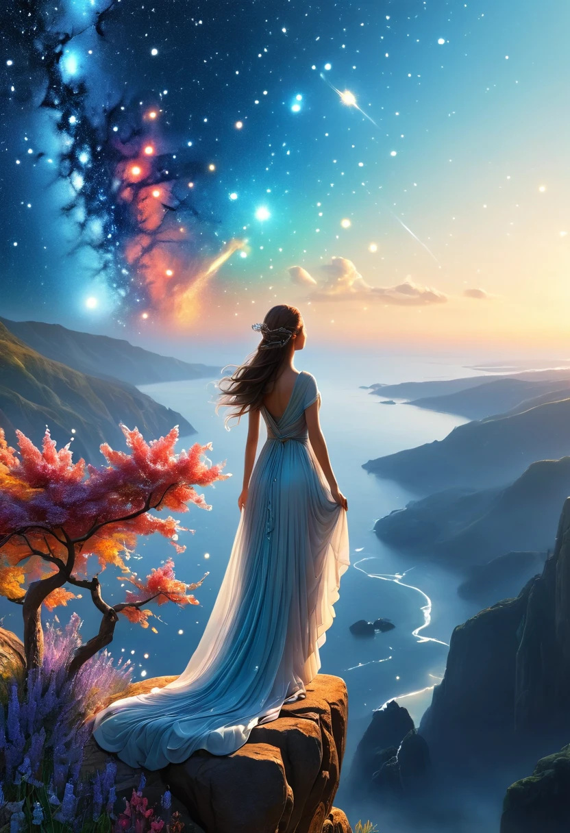 1 girl, (3D Sculpture,A woman in a long dress stands on a cliff and looks up at the starry sky, Goddess of space, Milky Way Goddess, Goddess of Heaven, Astral ethereal, dream, Beautiful Celestial Mage, Beautiful fantasy painting, Beautiful fantasy art, Ethereal fantasy, very Beautiful fantasy art, Digital Art Fantasy, Charming and otherworldly, Fantasy Beauty, Beautiful Art Rendered in Ultra HD 4K by Octane,Volumetric Light,Natural soft lighting), (Ultra-delicate:1.2, lose focus:1.2, colorful, Cinema Lighting, Chiaroscuro,Ray Tracing), masterpiece, Super rich,Ultra Detailed,8k