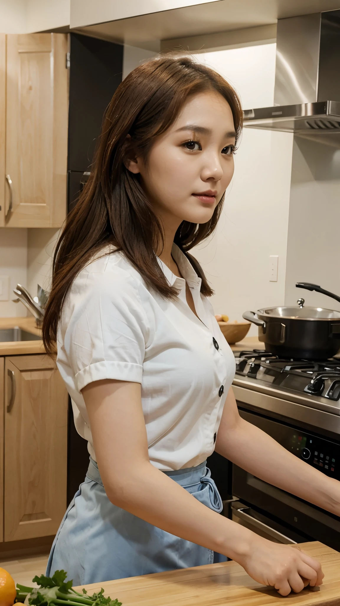 Park Min-young, Cooking in the kitchen, perfect face, ultra HD.