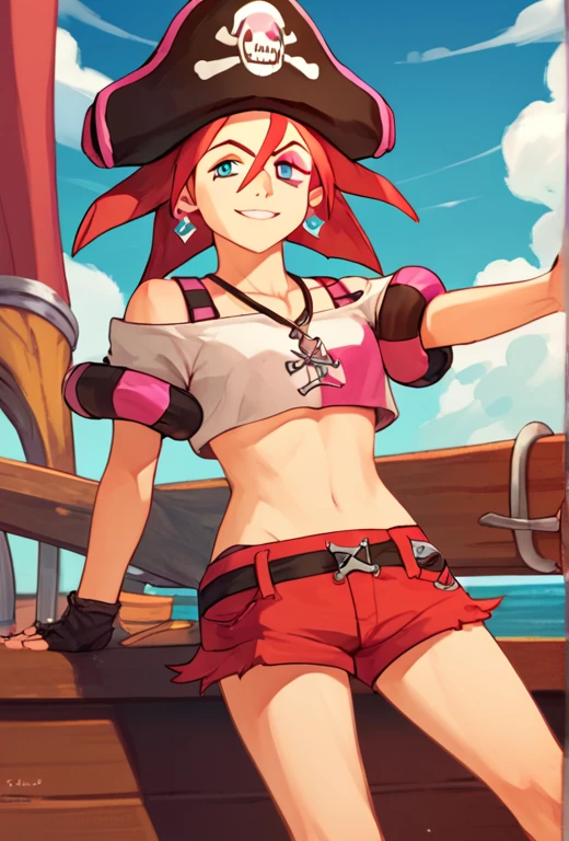 score_9, score_8_up, score_7_up, source_anime, solo, 1girl, sasha buckler, smile, looking at viewer, standing, blue eyes, pirate hat, skull and crossbones, crop top, fingerless gloves, shorts, single thighhigh, striped, black footwear, jewelry, necklace, earrings 